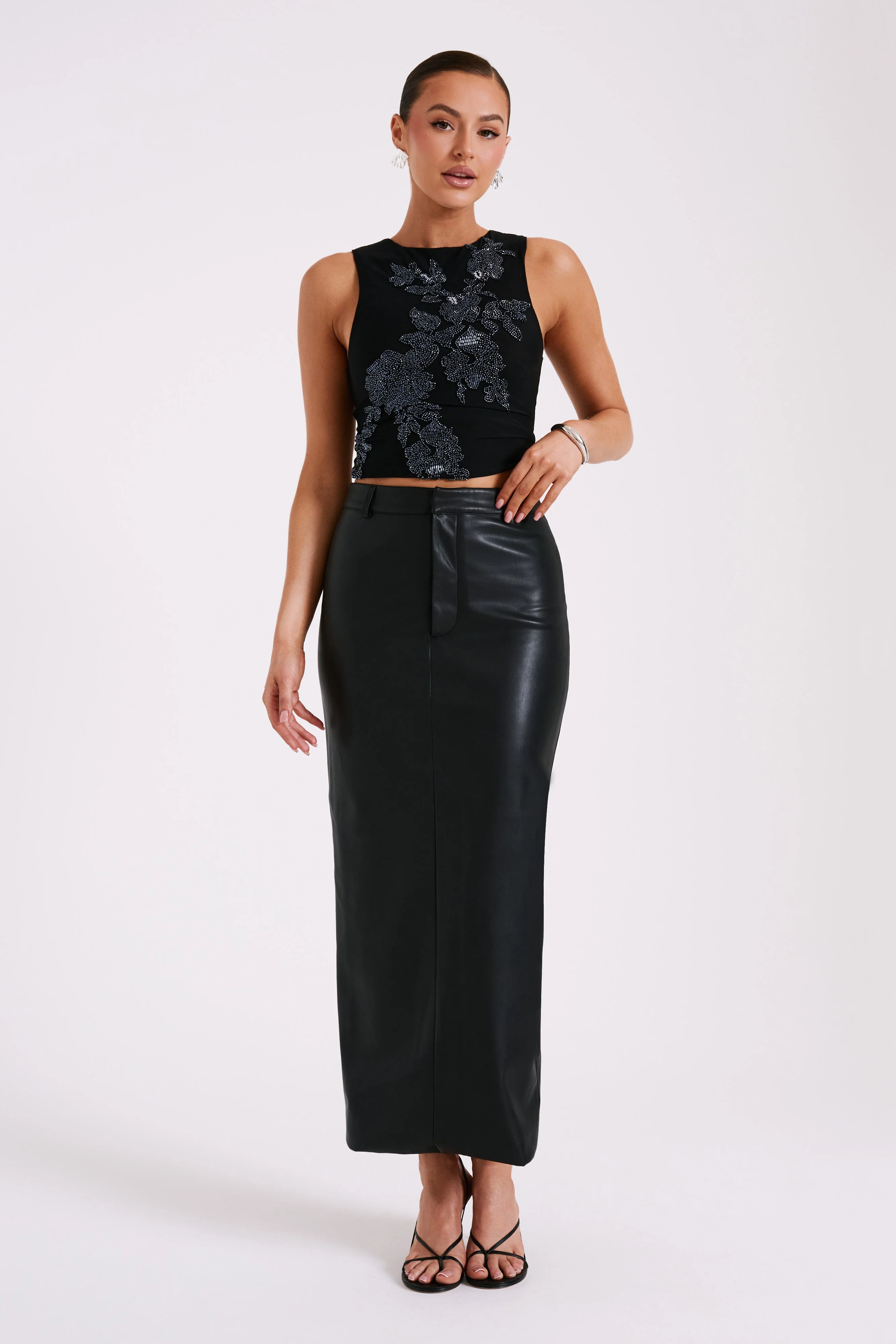 Luci Beaded Flower Mesh Top - Black