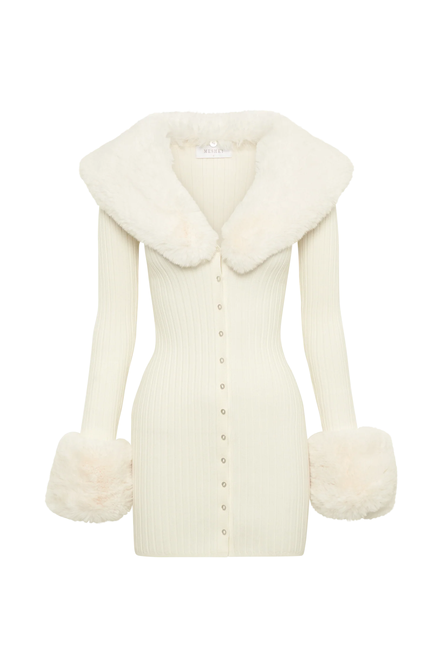 Aurora Fur Trim Knit Mini Dress - Ivory