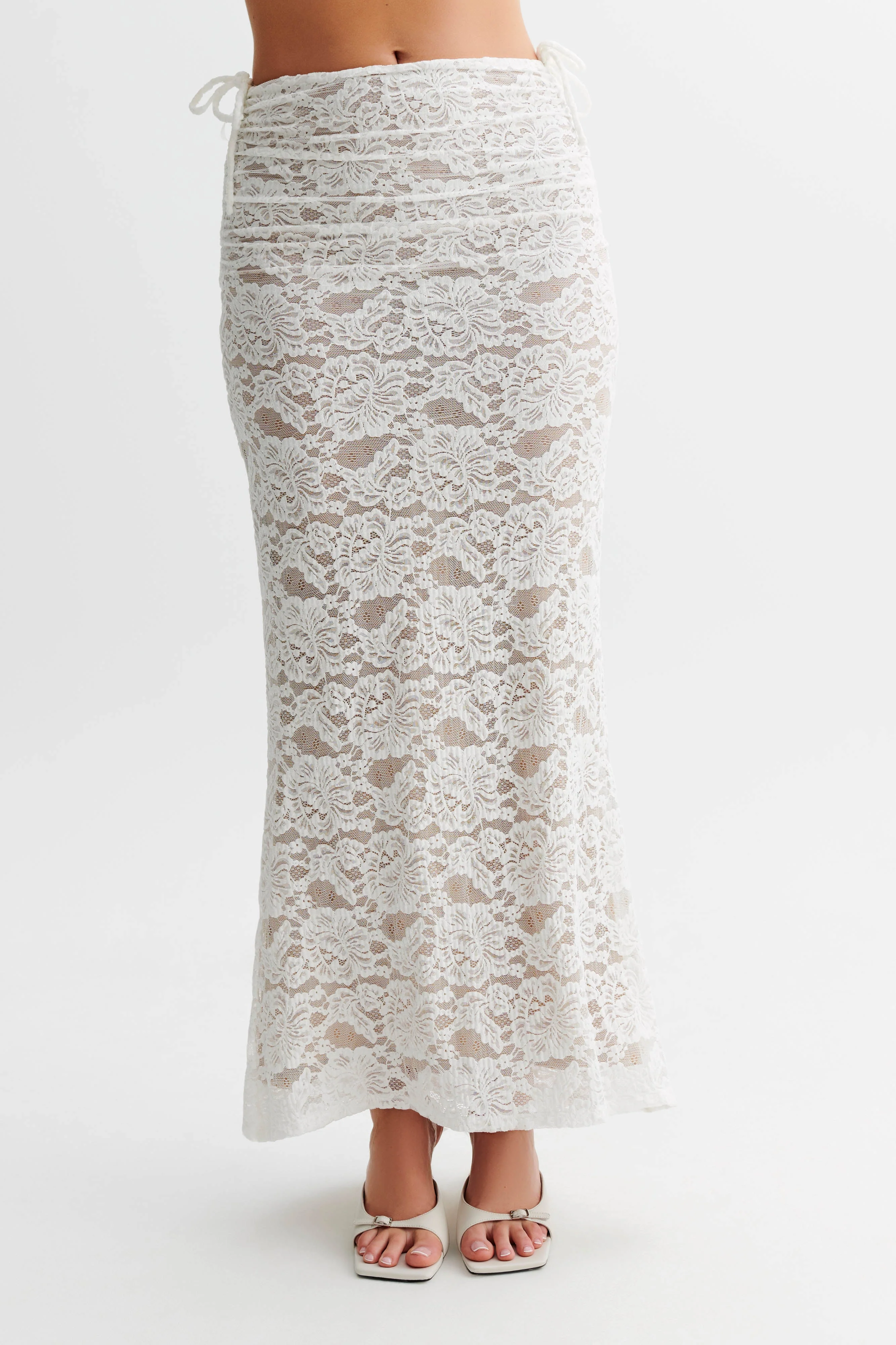 Daniela Lace Plisse Ruched Maxi Skirt - Ivory