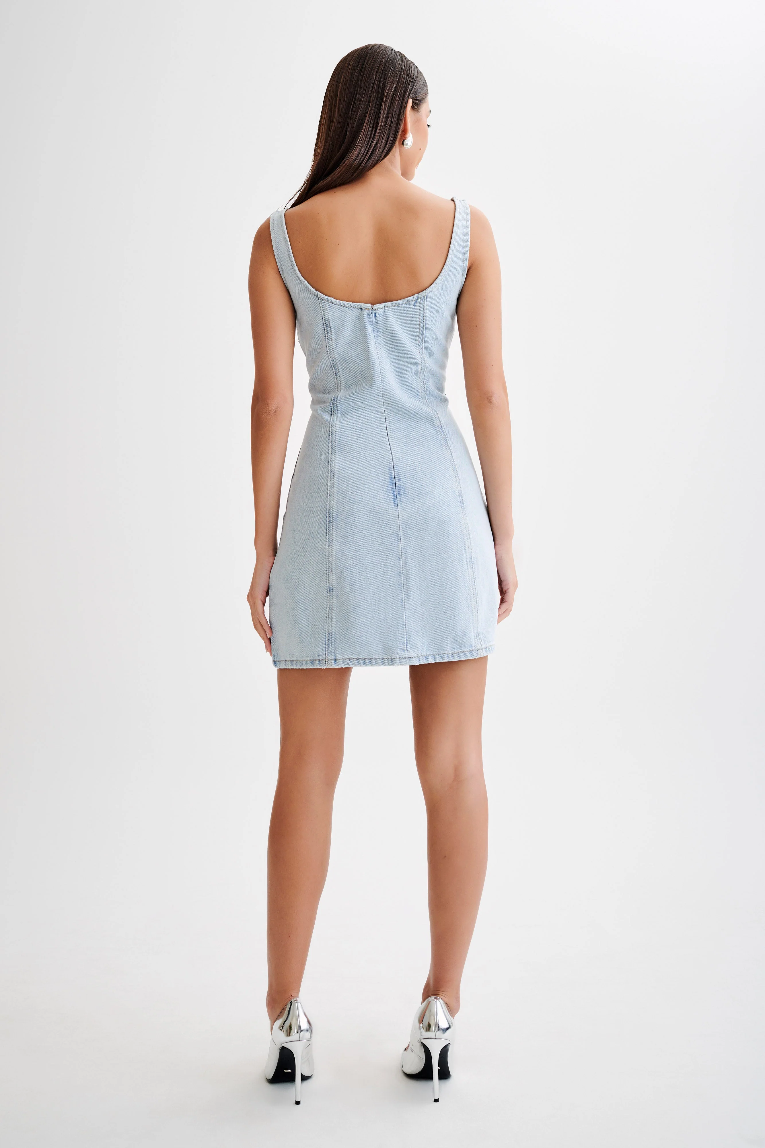 Rue Embellished Denim Mini Dress - Light Blue
