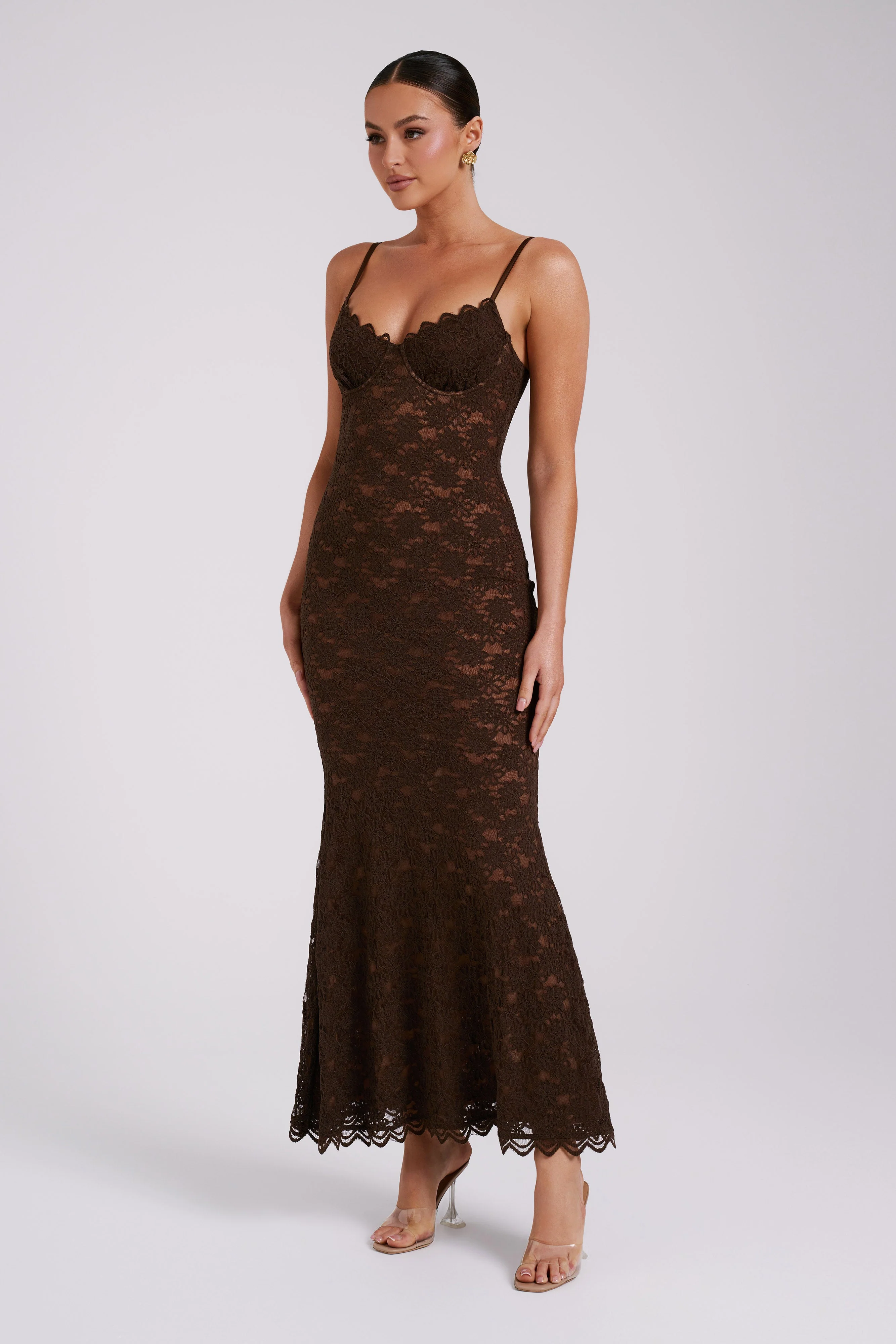 Joelle Lace Cupped Maxi Dress - Chocolate