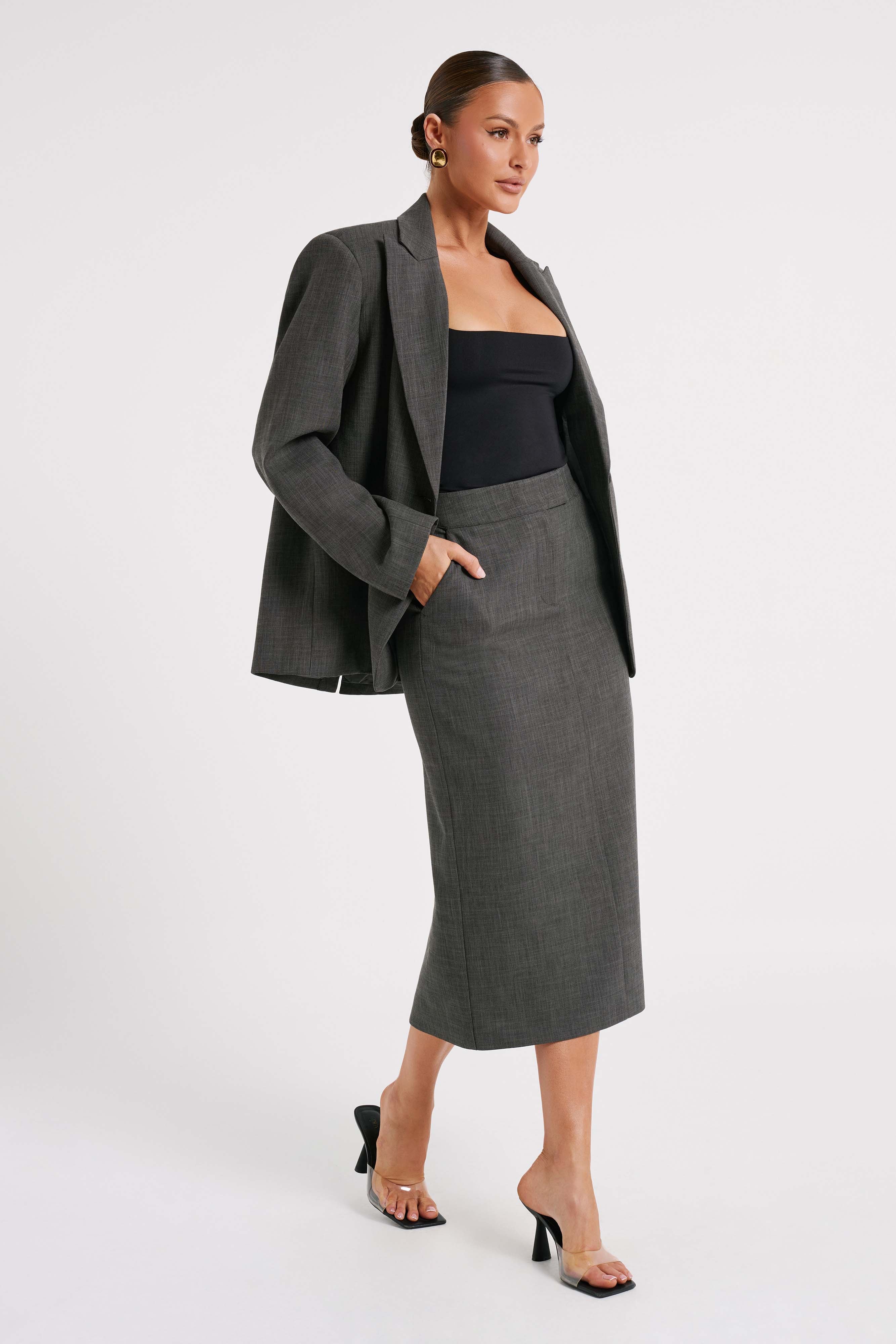 Marcie Textured Suiting Midi Skirt - Charcoal