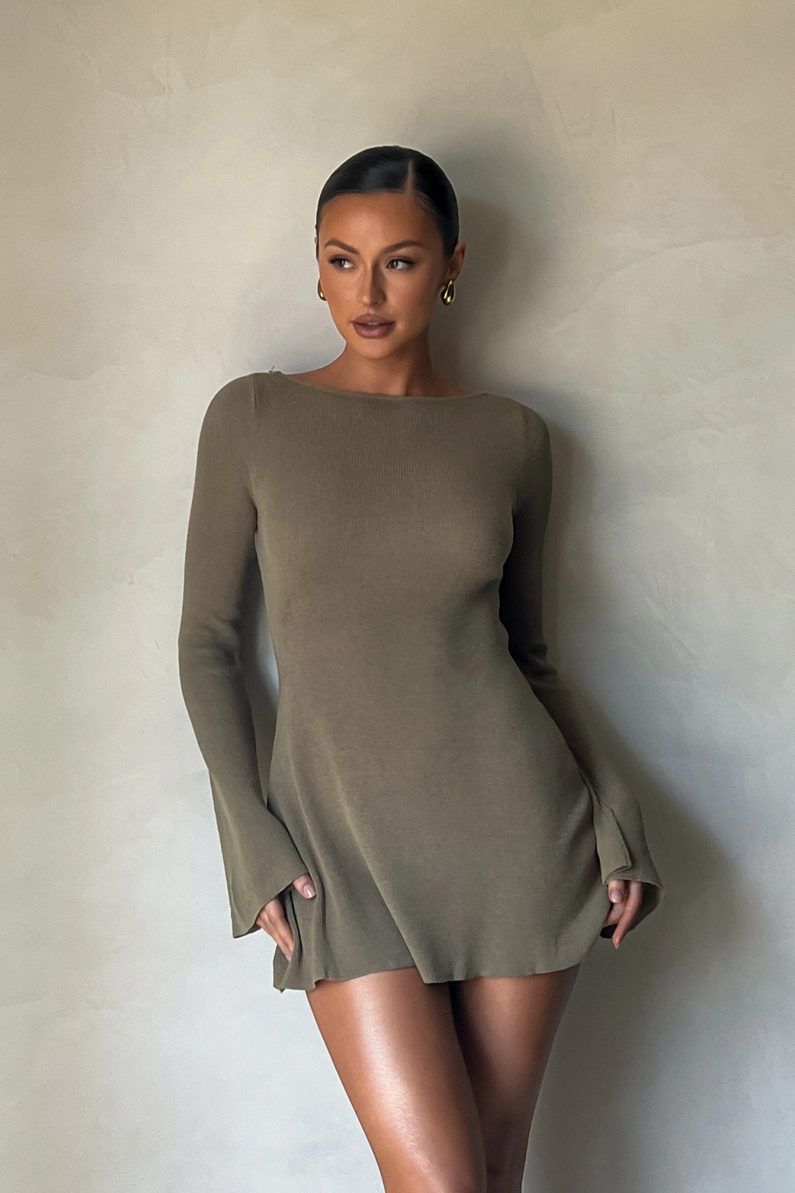 Zahra Long Sleeve Open Back Mini Knit Dress - Olive