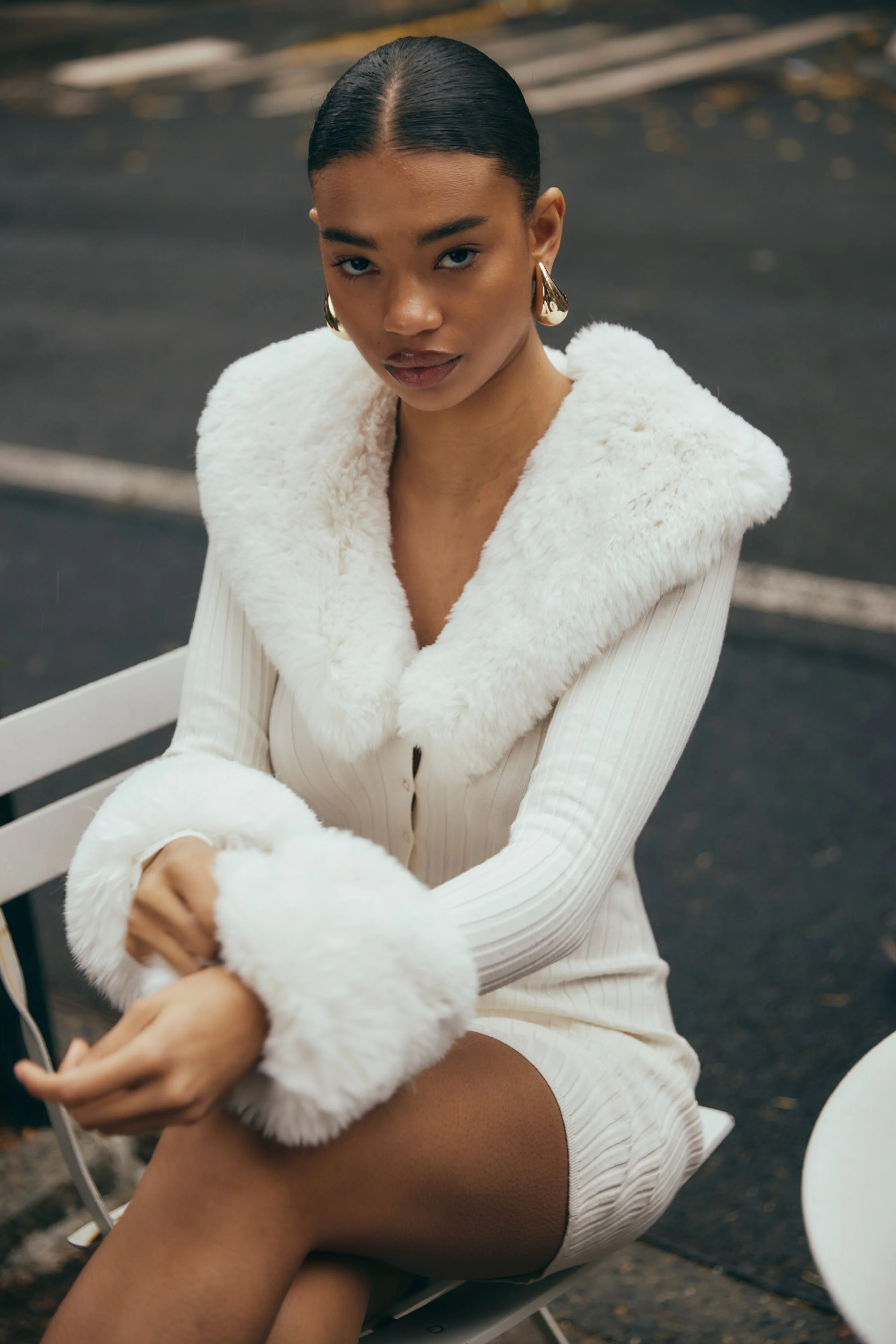 Aurora Fur Trim Knit Mini Dress - Ivory