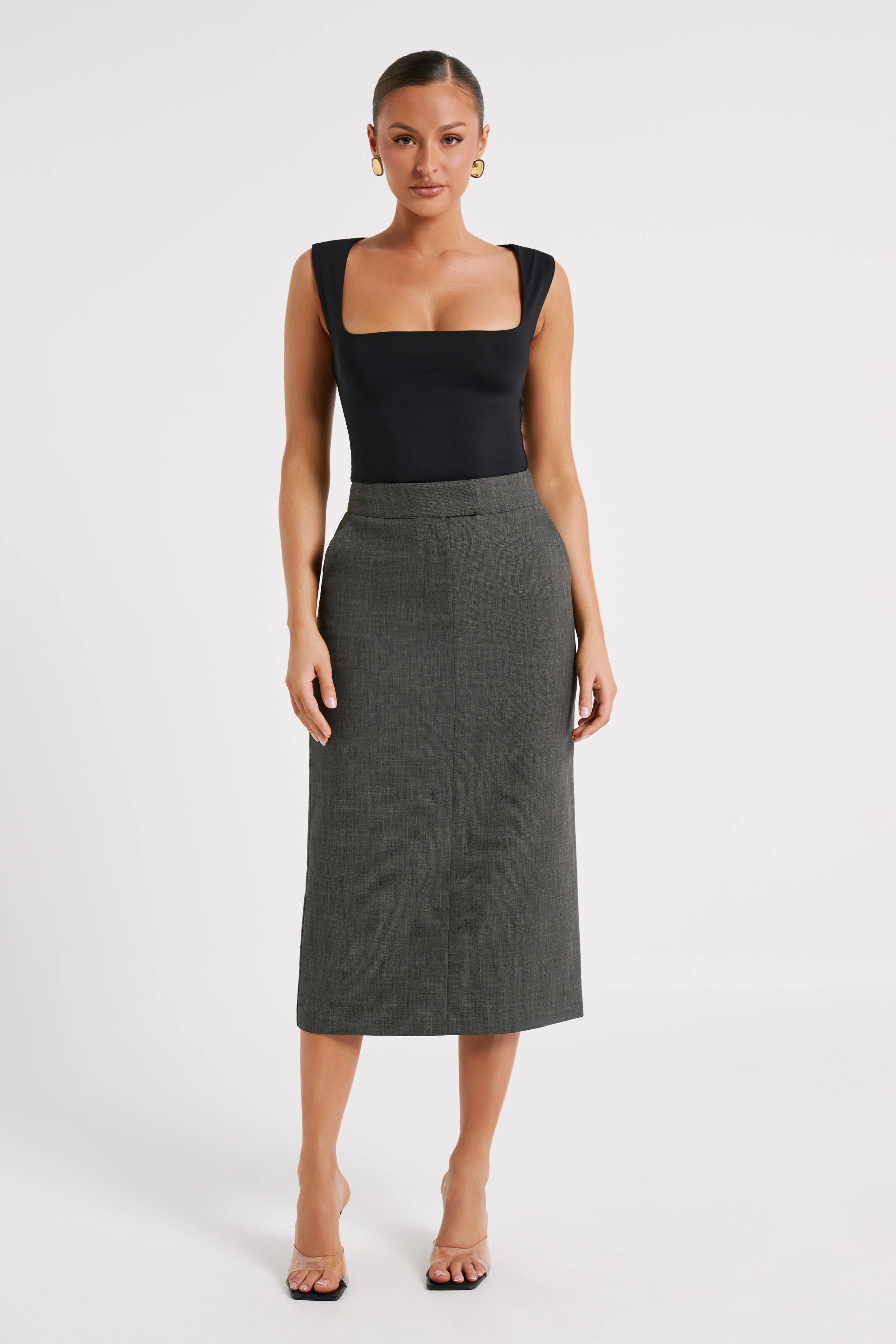 Marcie Textured Suiting Midi Skirt - Charcoal