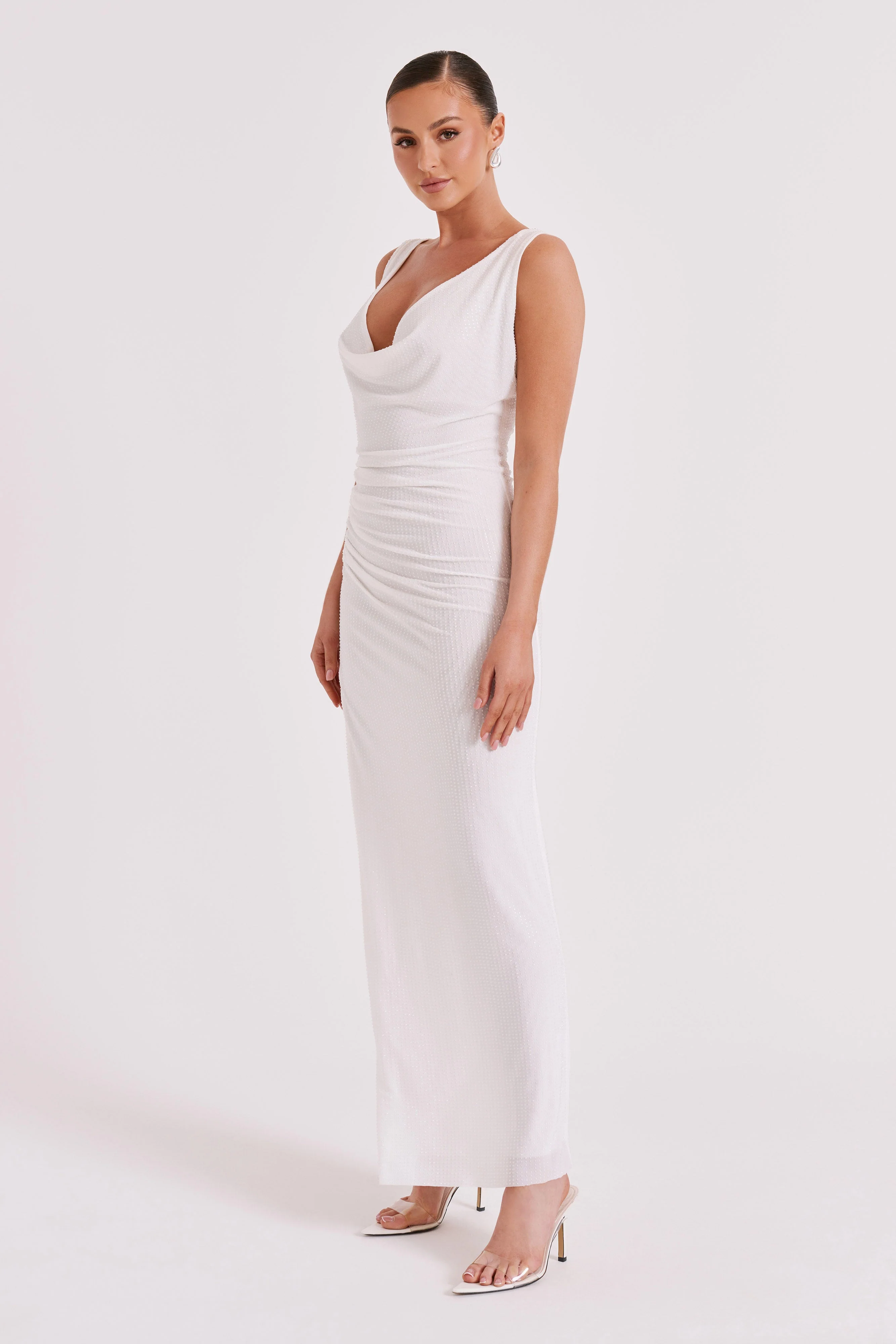 Laney Hot Fix Mesh Cowl Maxi Dress - White