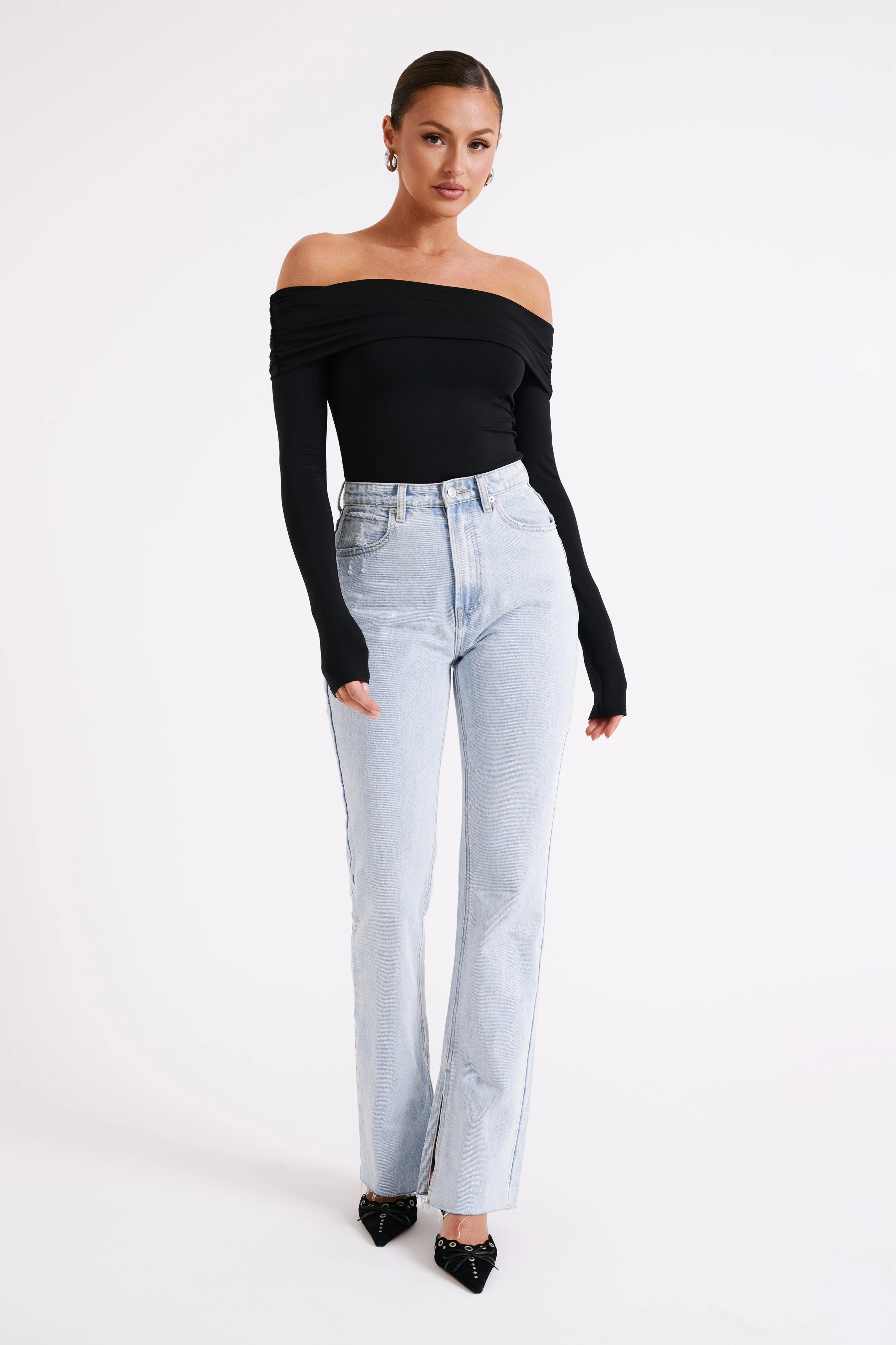 Lucinda Recycled Nylon Off Shoulder Top - Black