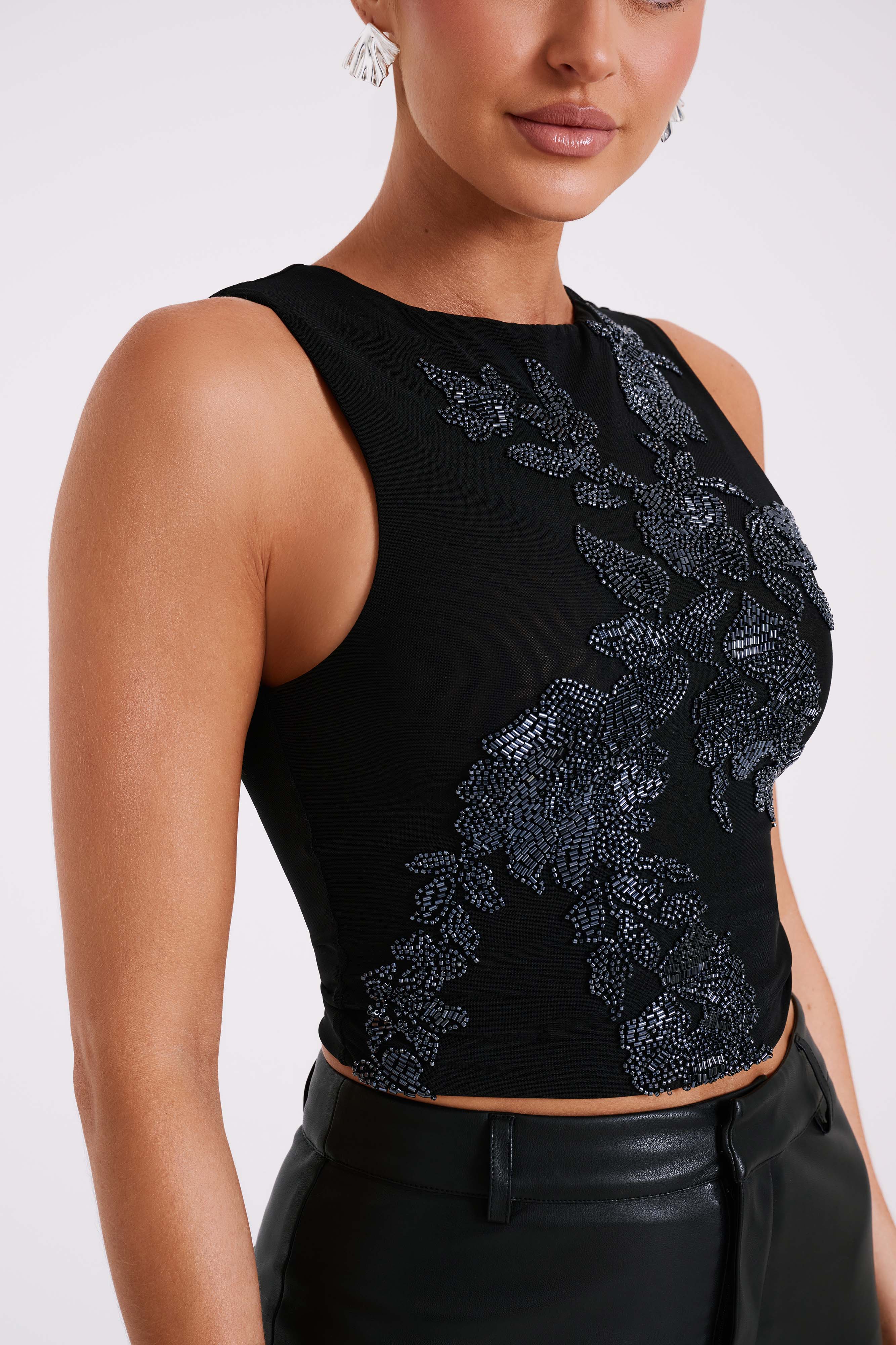 Luci Beaded Flower Mesh Top - Black