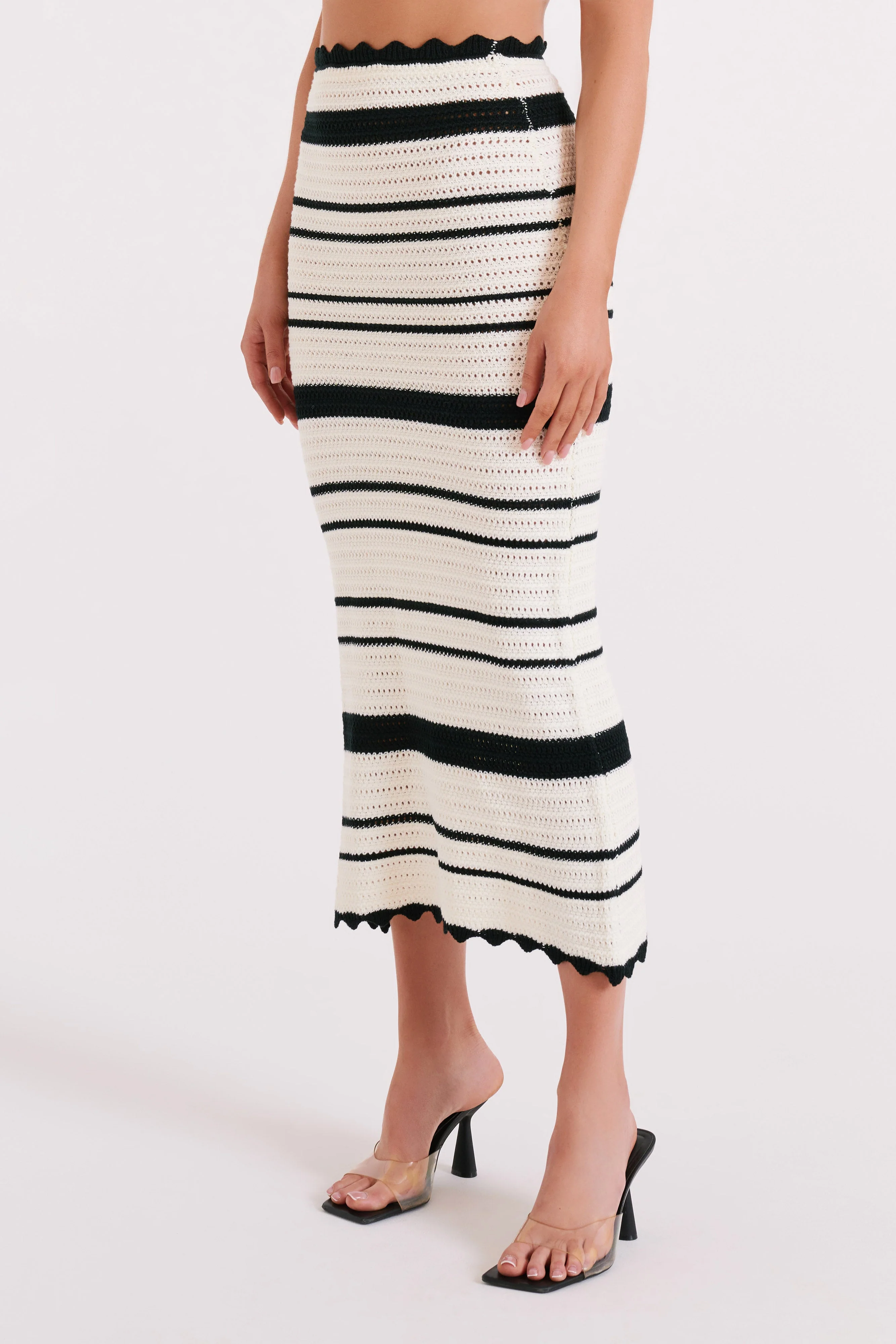 Jadia Contrast Crochet Fishtail Maxi Skirt - Black/White