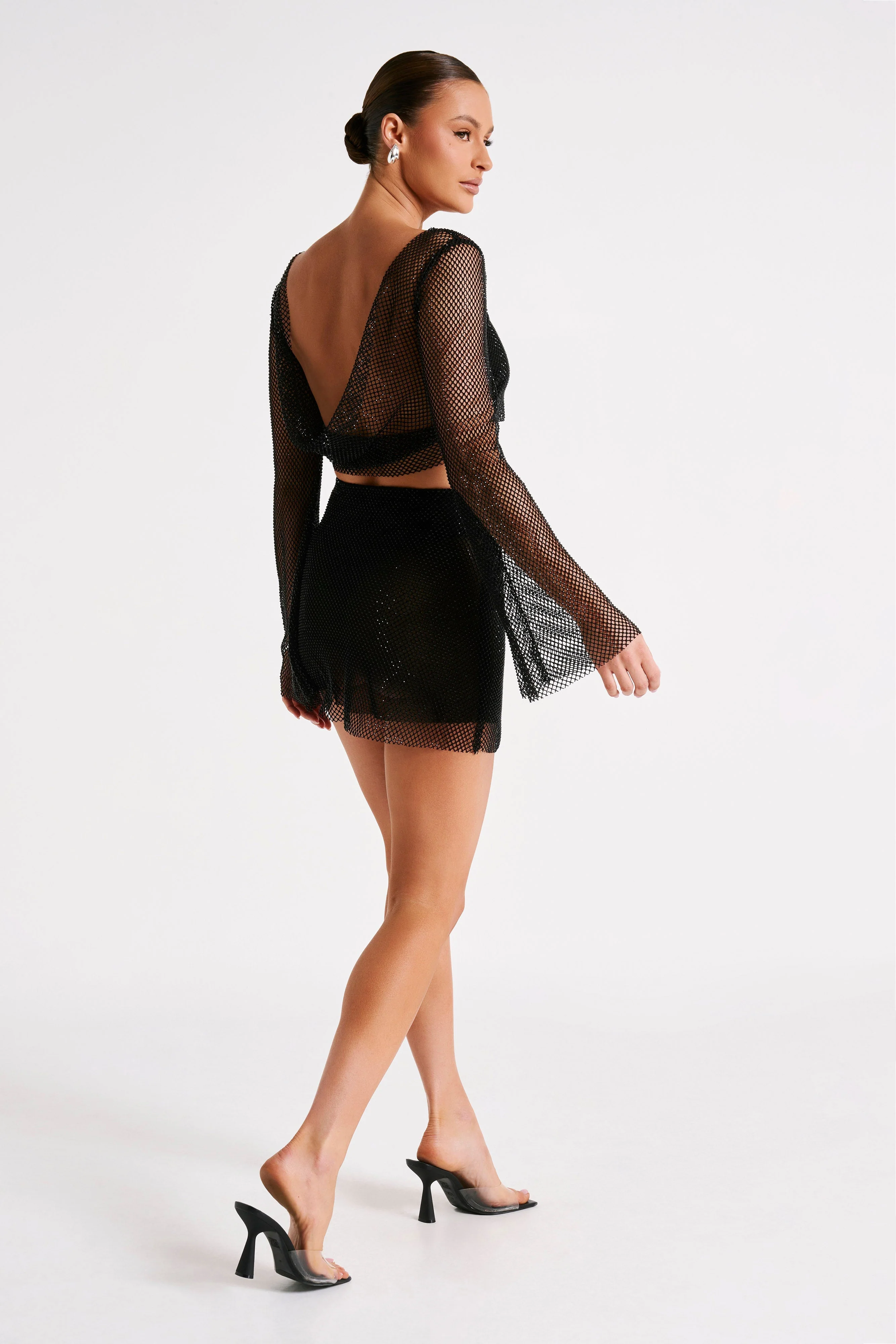 Hilton Diamante Mesh Cowl Top - Black