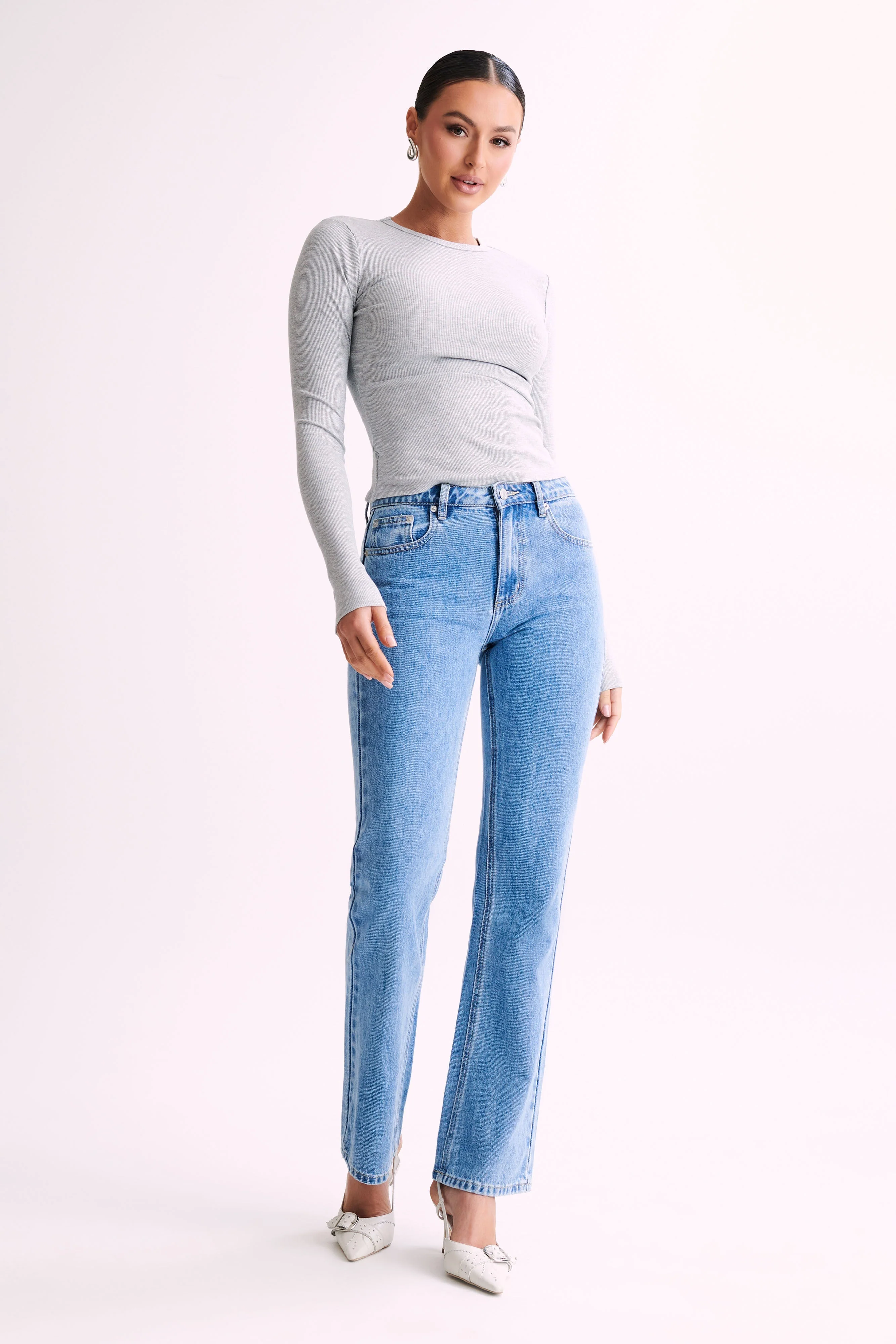 Keeley Long Sleeve Rib Crop Top - Grey Marle