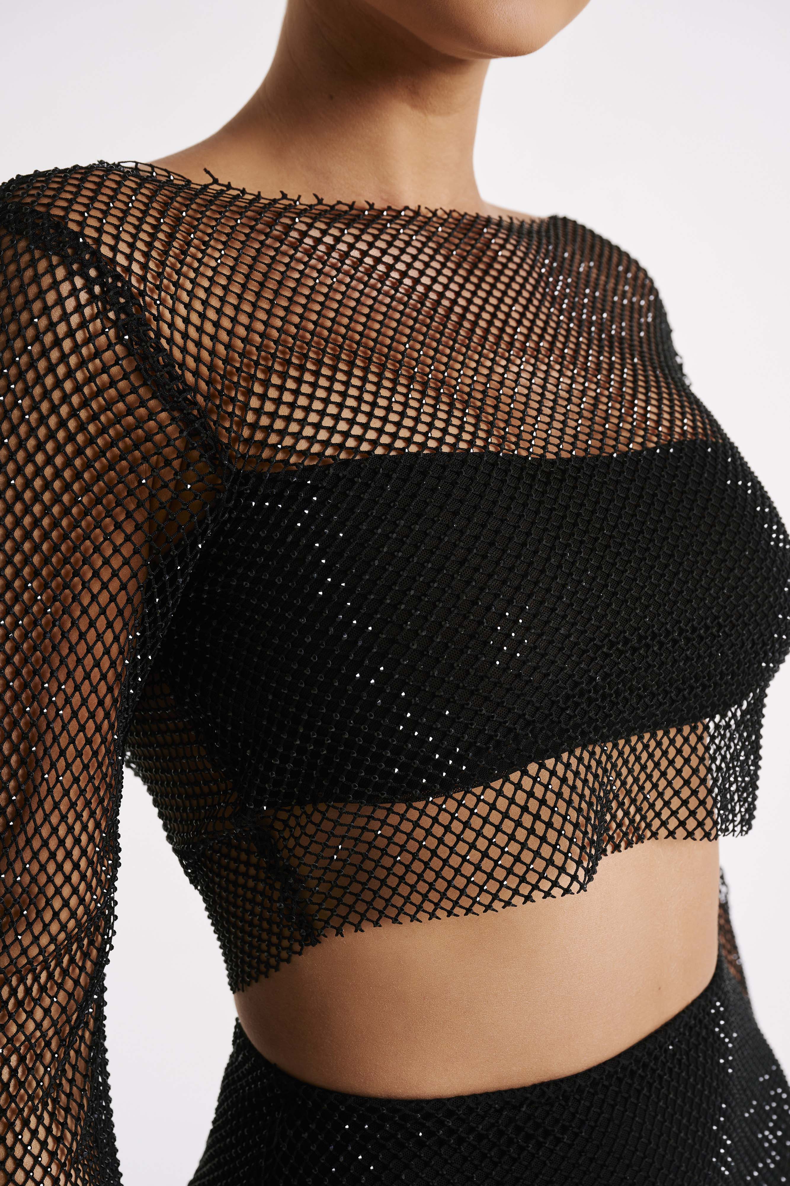 Hilton Diamante Mesh Cowl Top - Black