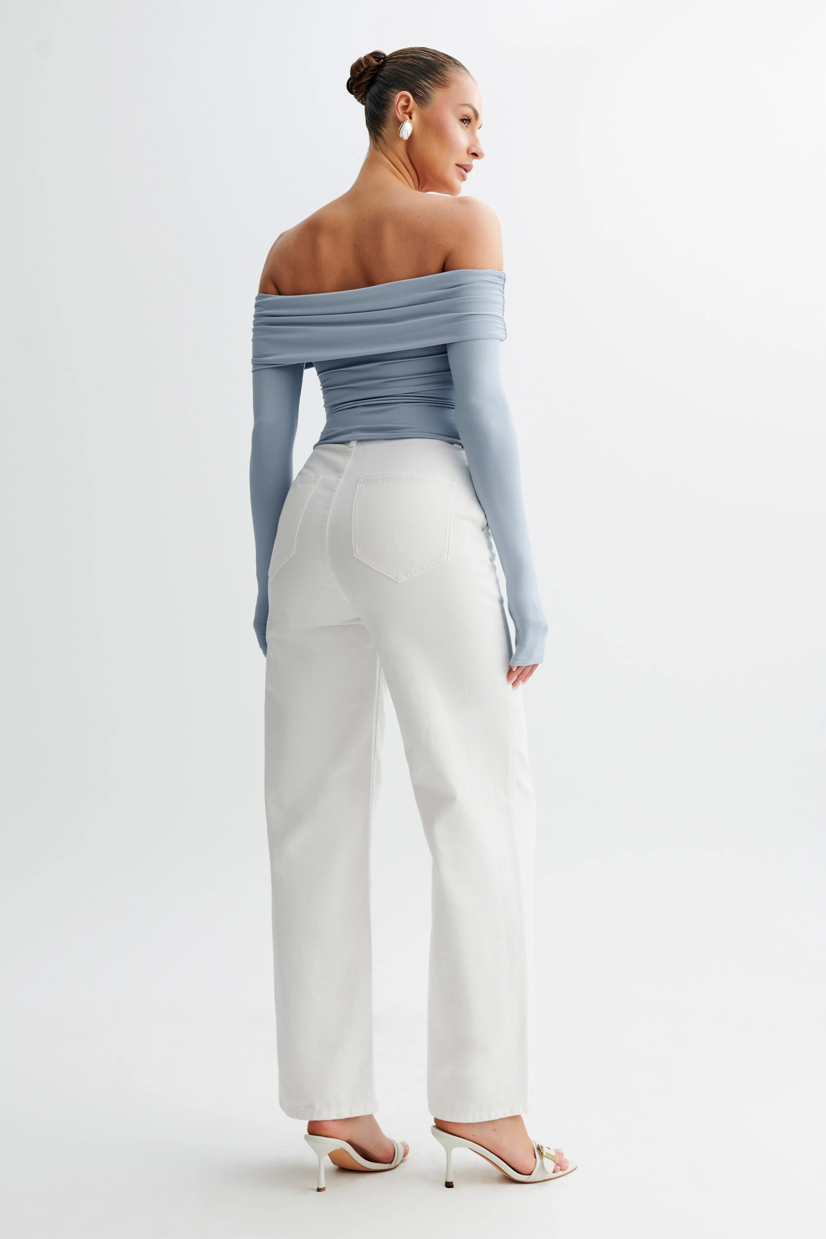 Lucinda Recycled Nylon Off Shoulder Top - Dusty Blue