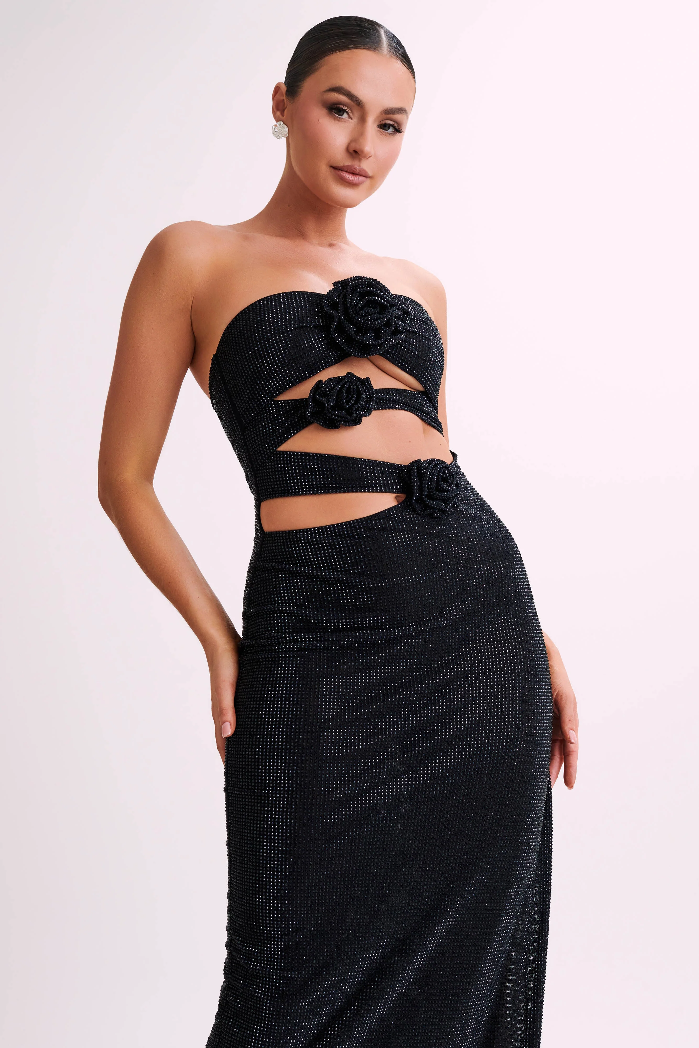 Stassie Strapless Rose Diamante Maxi Dress - Black