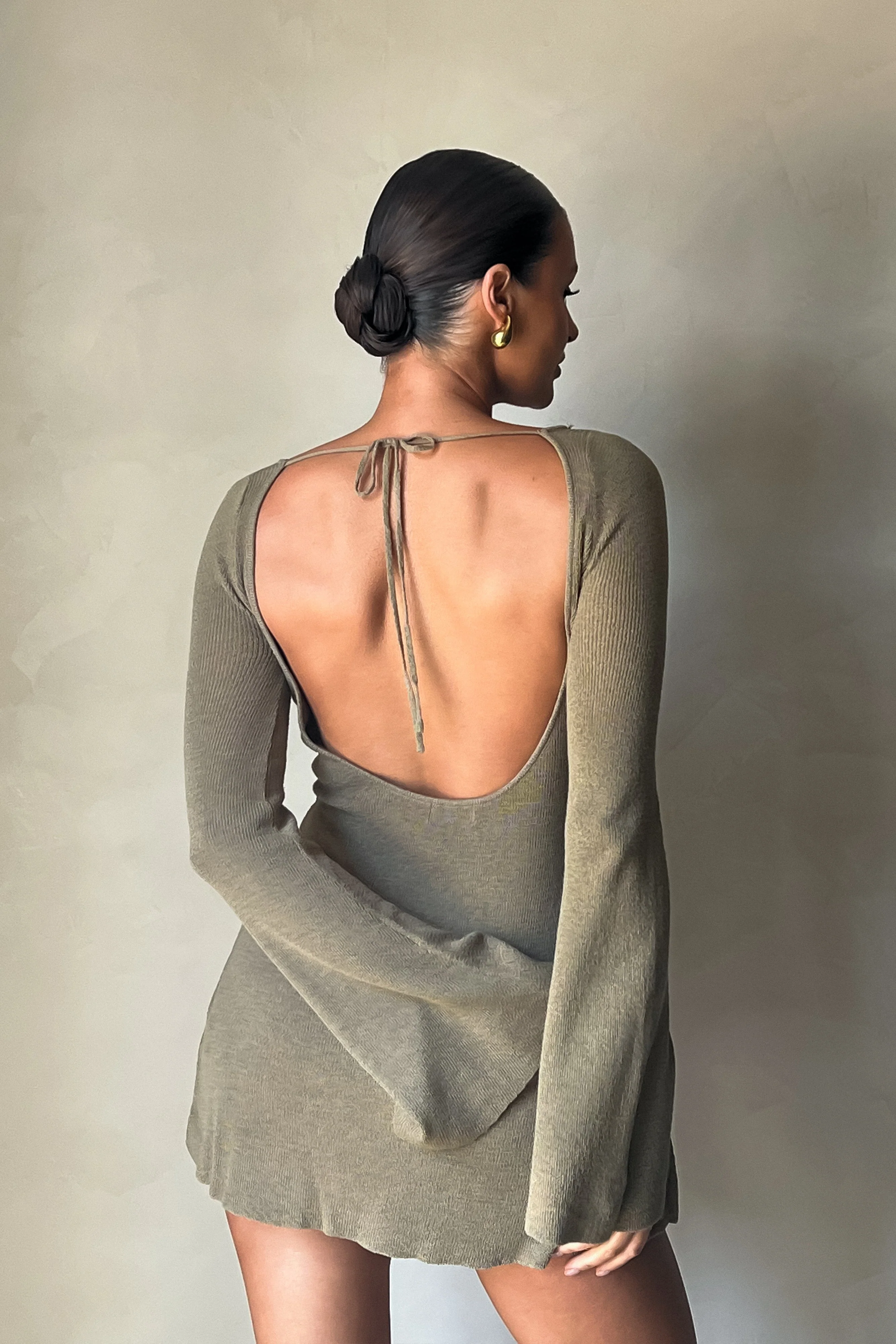 Zahra Long Sleeve Open Back Mini Knit Dress - Olive