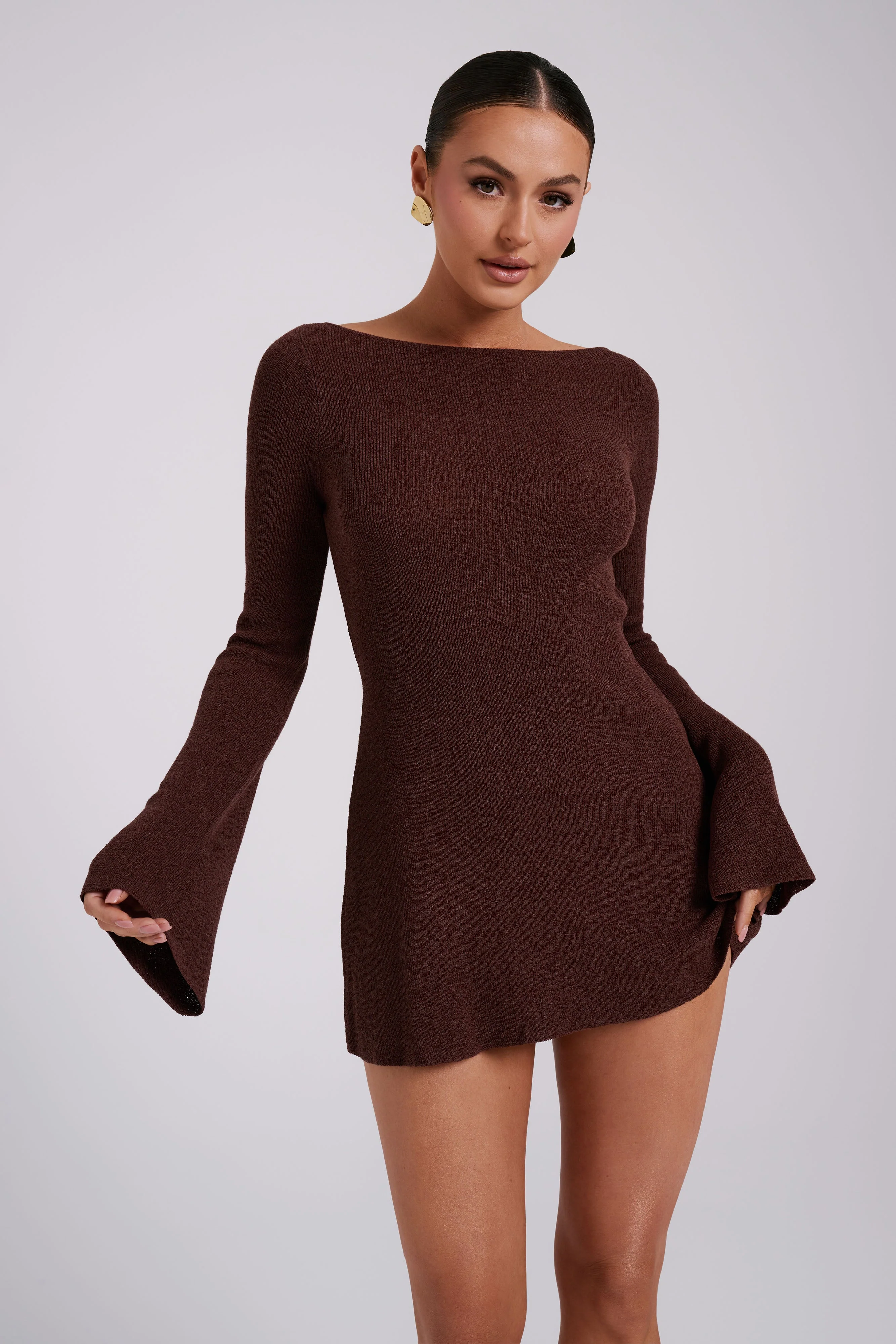 Zahra Long Sleeve Open Back Mini Knit Dress - Dark Chocolate