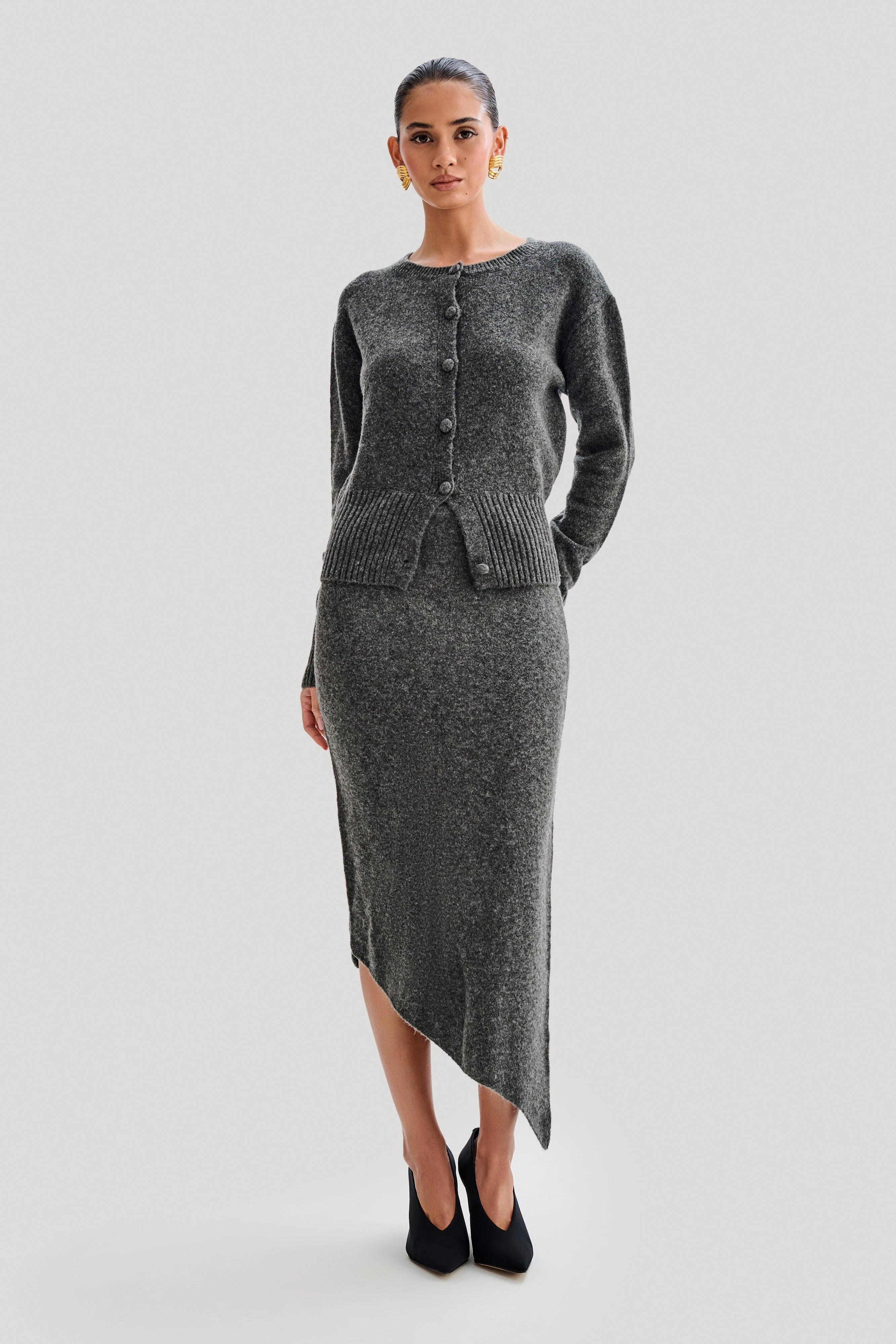 Genevieve Asymmetrical Knit Midi Skirt - Charcoal