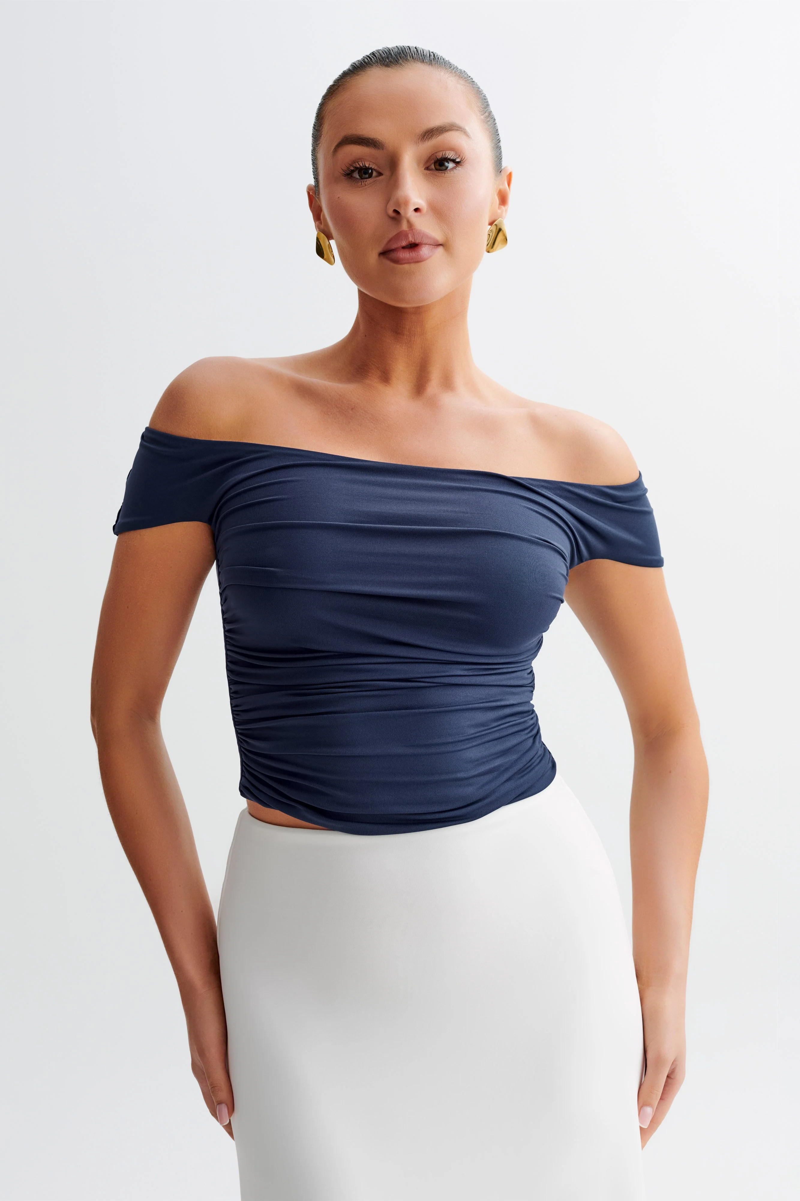 Piper Ruched Off Shoulder Top - Navy