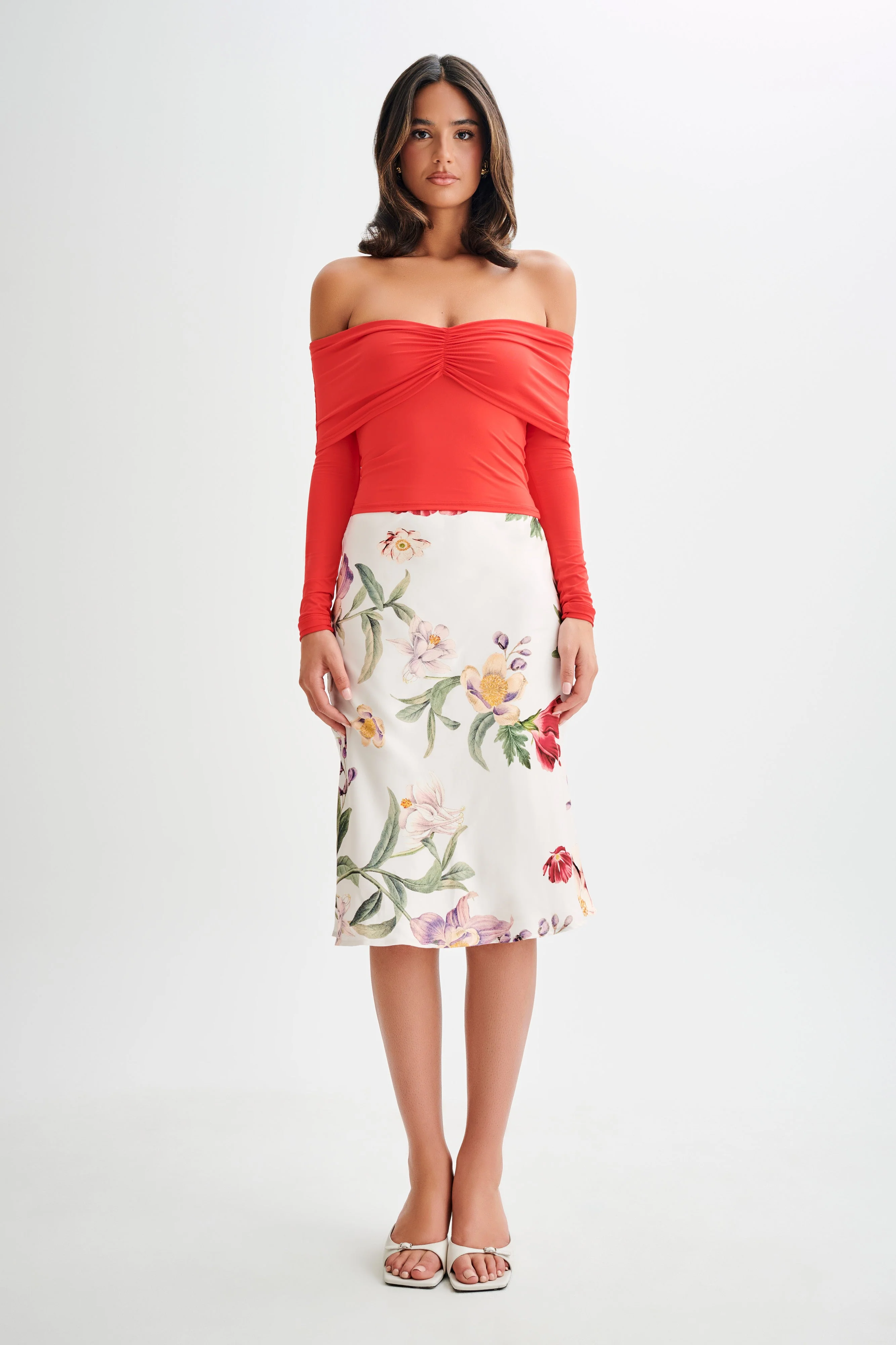 Prue Ruched Off Shoulder Long Sleeve Top - Pomegranate