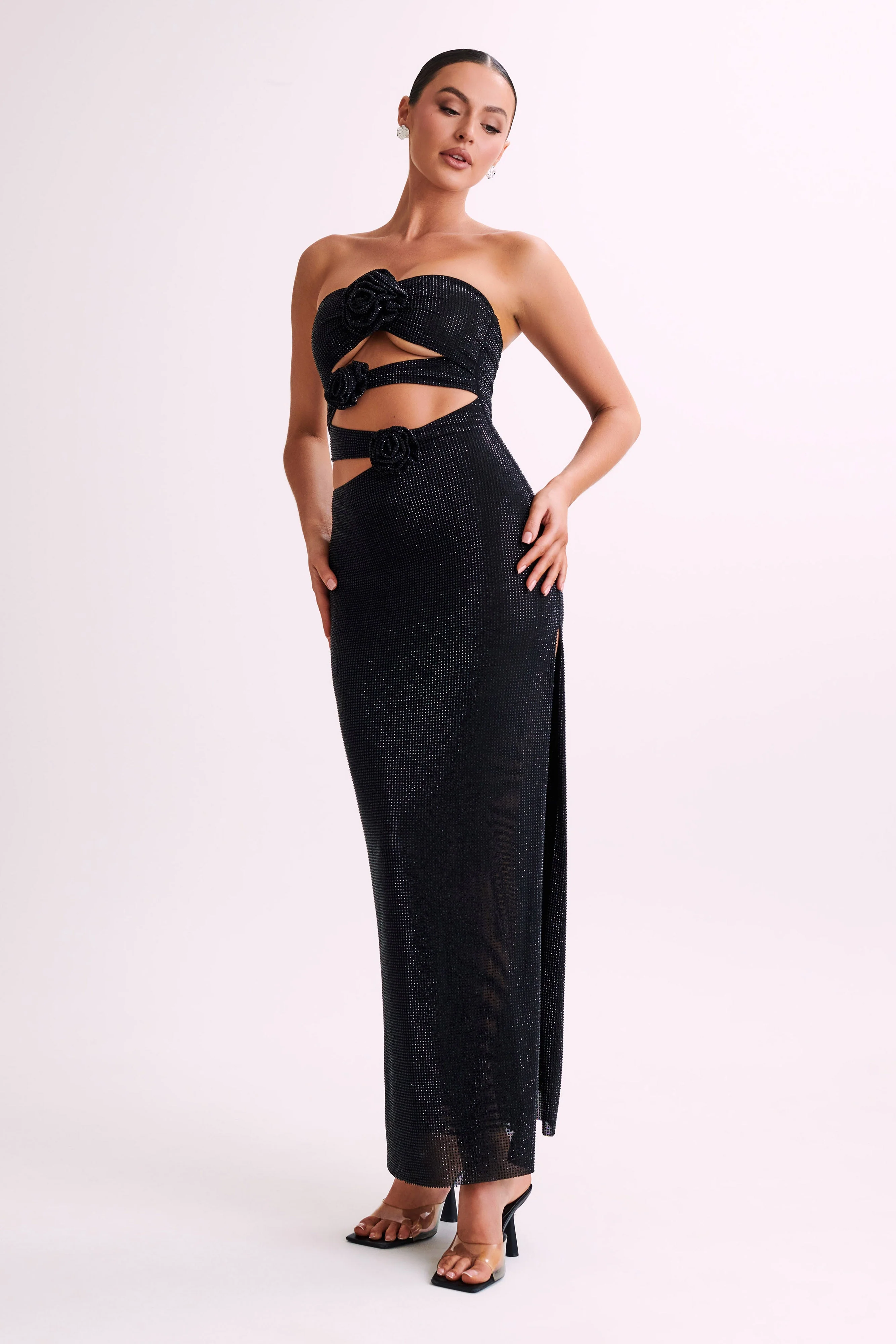 Stassie Strapless Rose Diamante Maxi Dress - Black