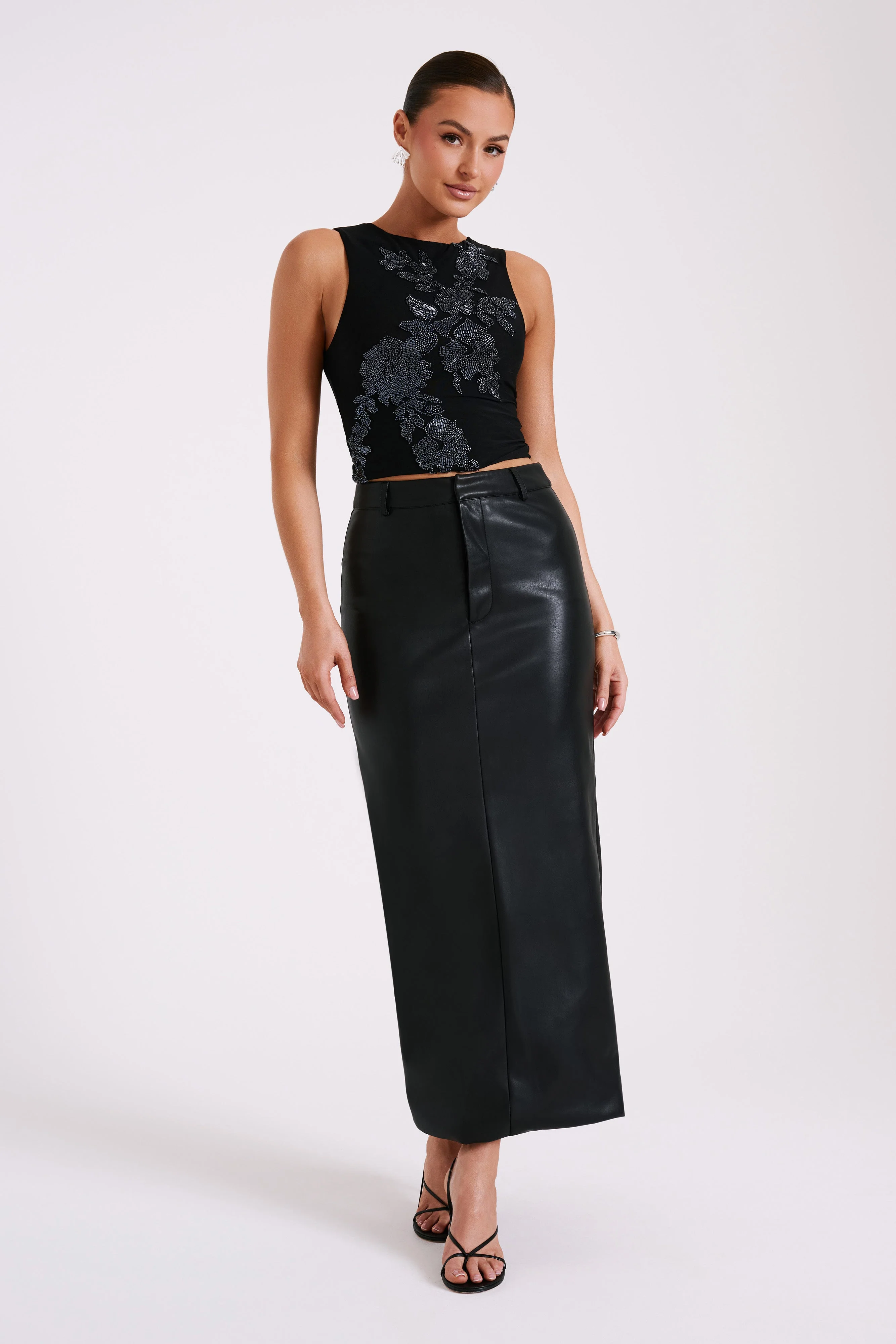 Luci Beaded Flower Mesh Top - Black