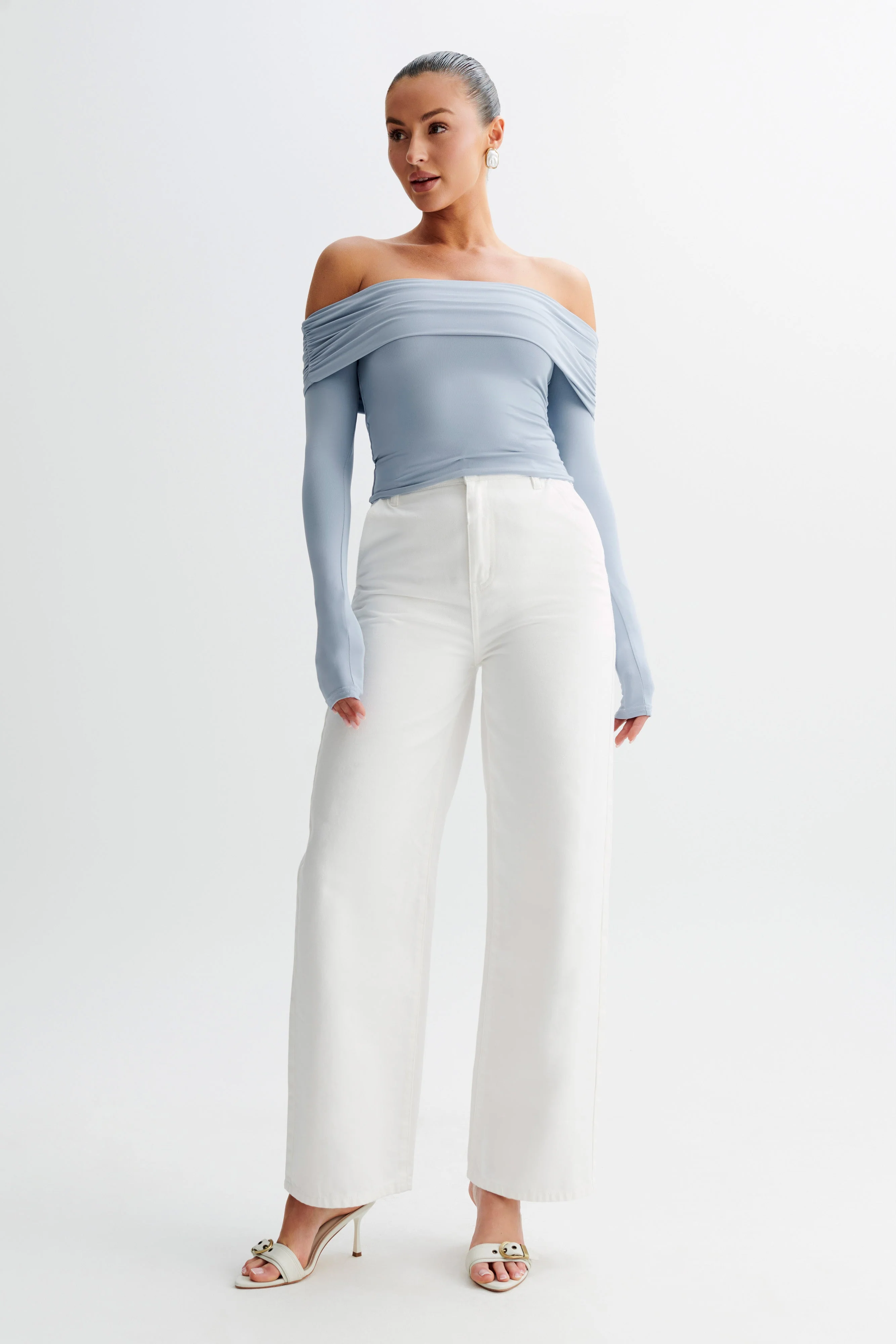 Lucinda Recycled Nylon Off Shoulder Top - Dusty Blue
