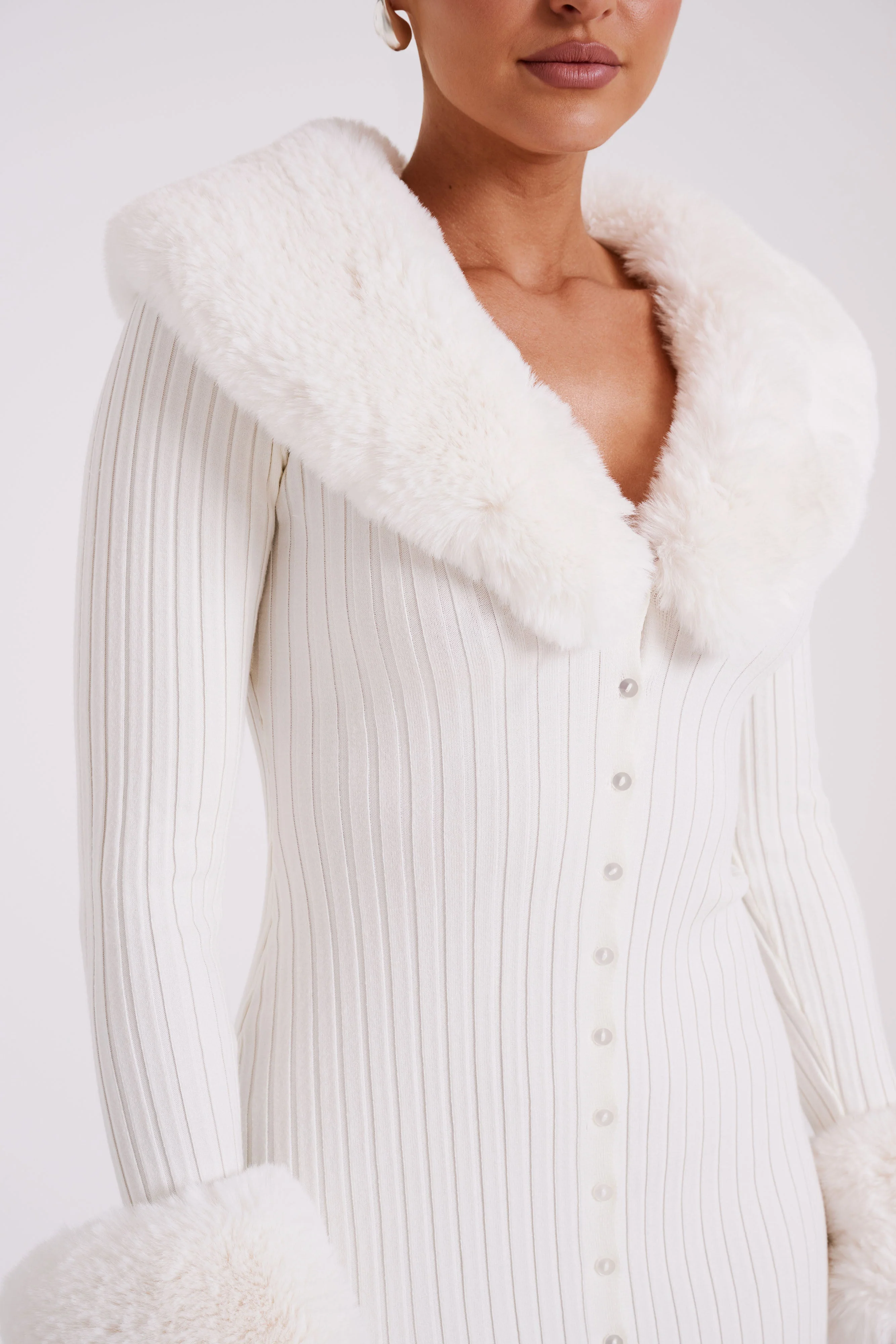 Aurora Fur Trim Knit Mini Dress - Ivory