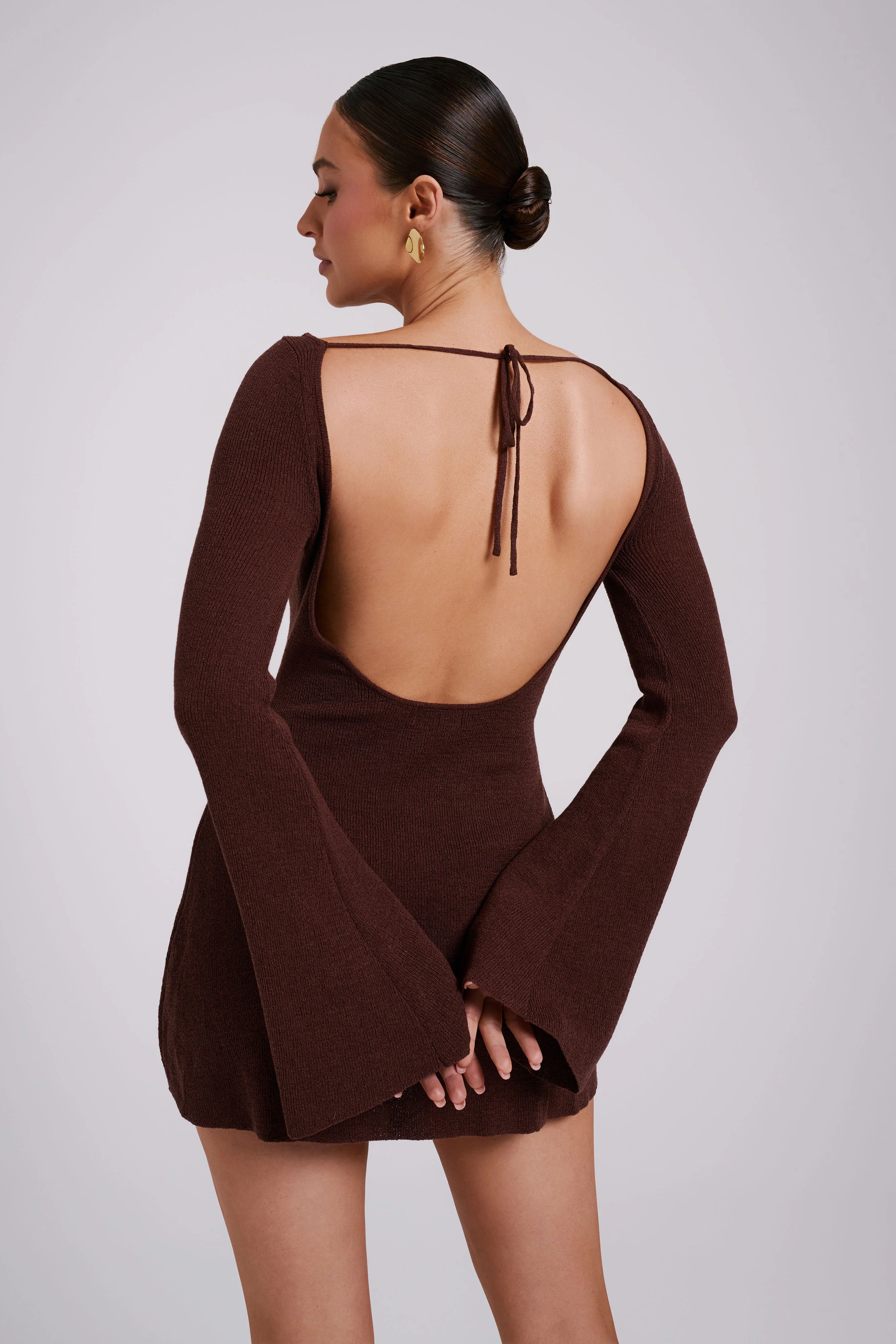 Zahra Long Sleeve Open Back Mini Knit Dress - Dark Chocolate