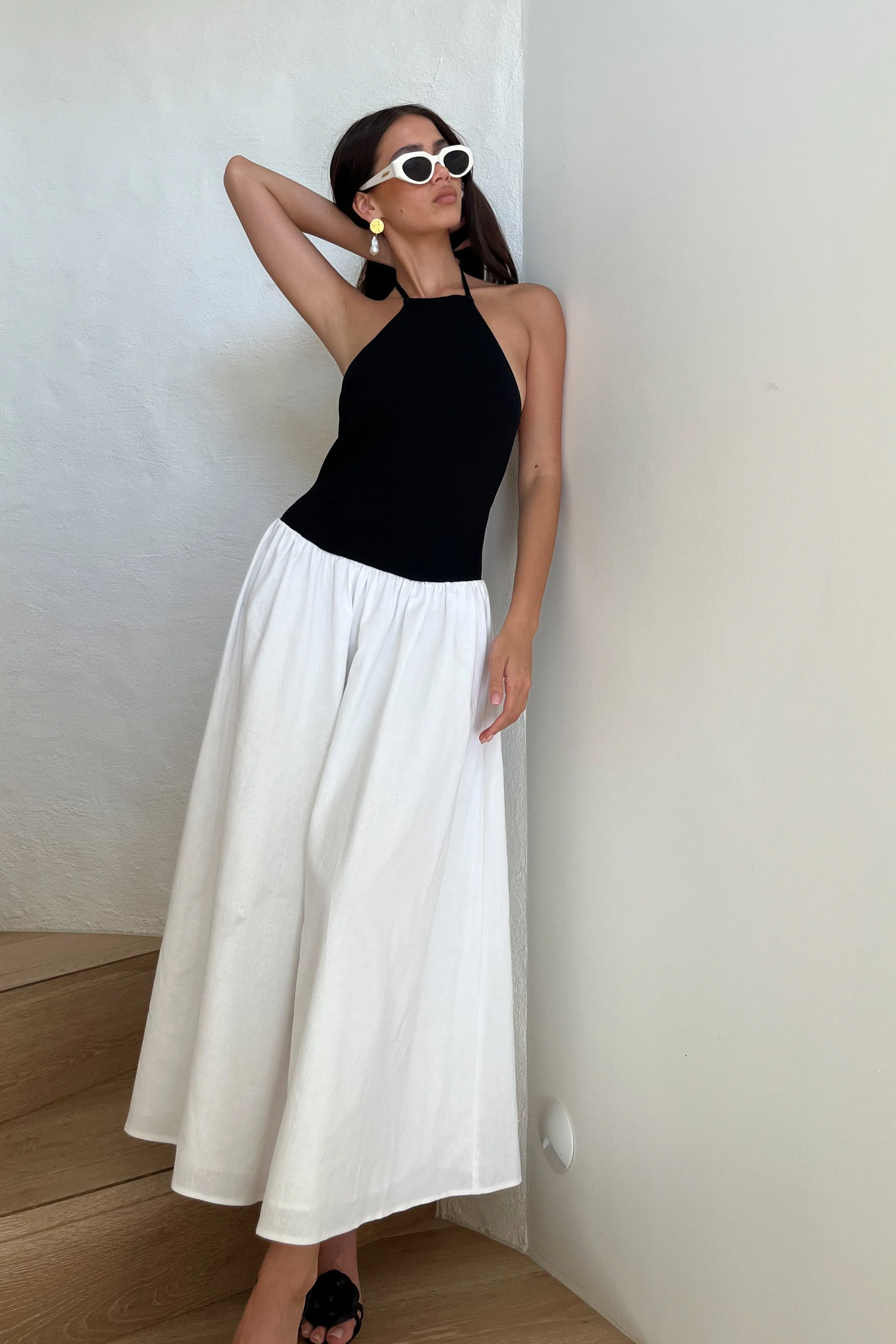 Katie Knit And Linen Midi Dress - Black/White