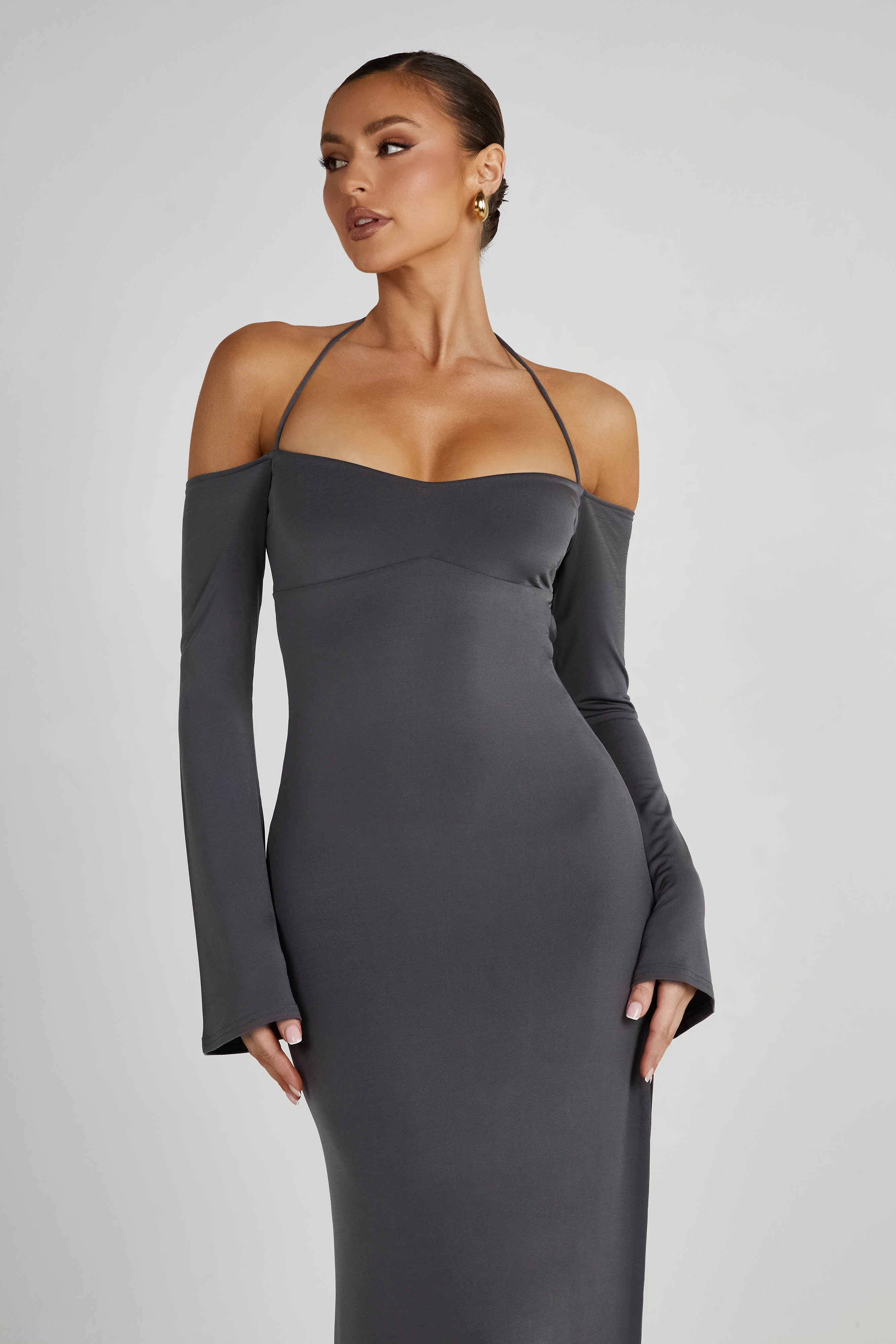Tia Slinky Off Shoulder Maxi Dress - Charcoal