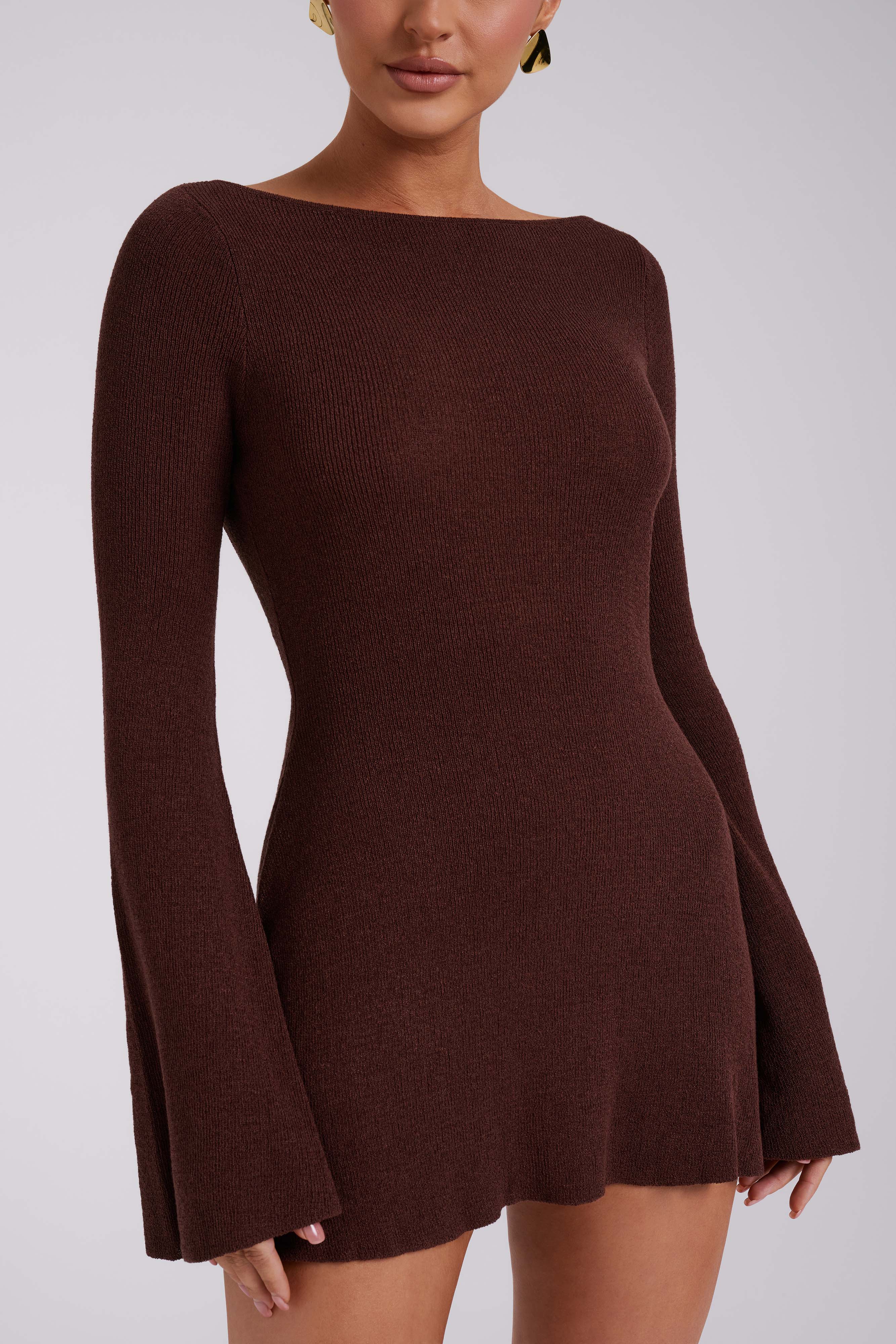 Zahra Long Sleeve Open Back Mini Knit Dress - Dark Chocolate