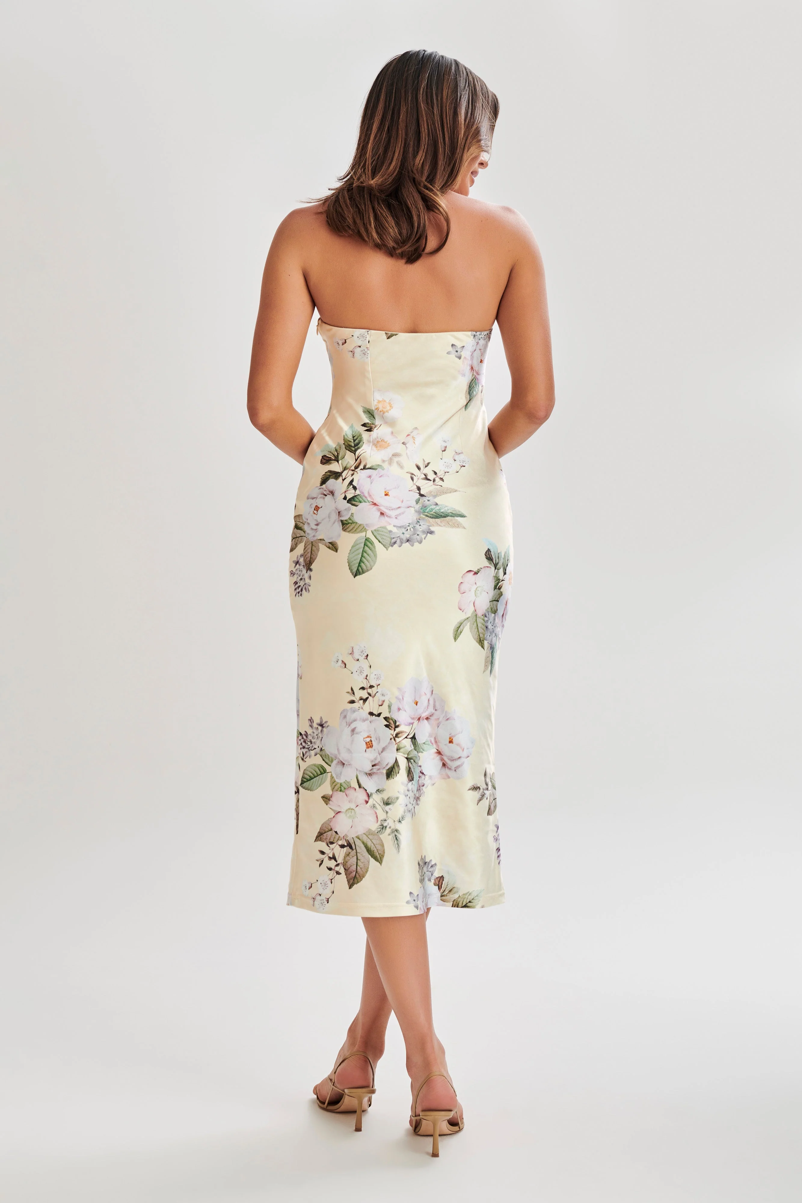 Tyler Strapless Satin Midi Dress - Lemon Floral Print