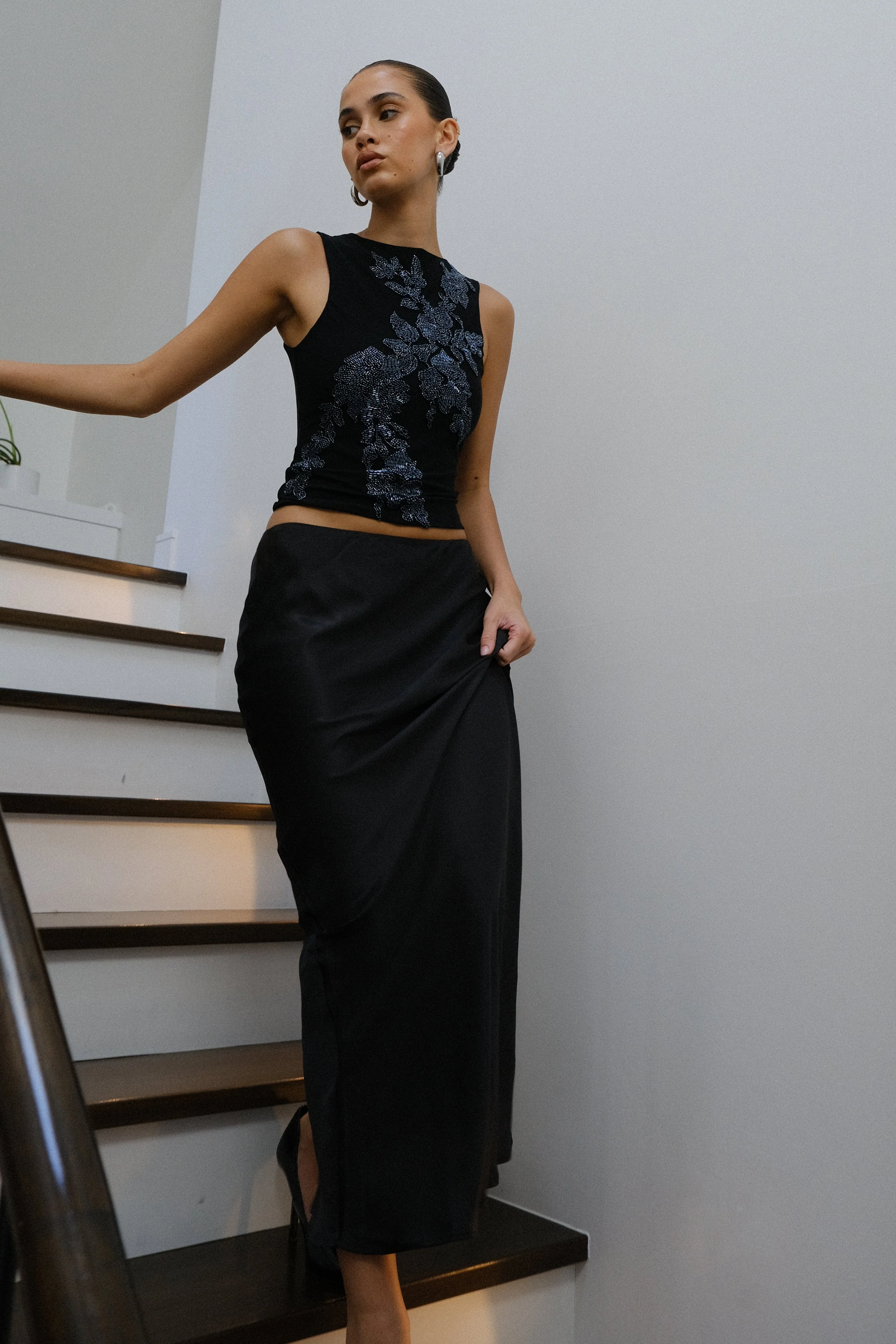 Luci Beaded Flower Mesh Top - Black