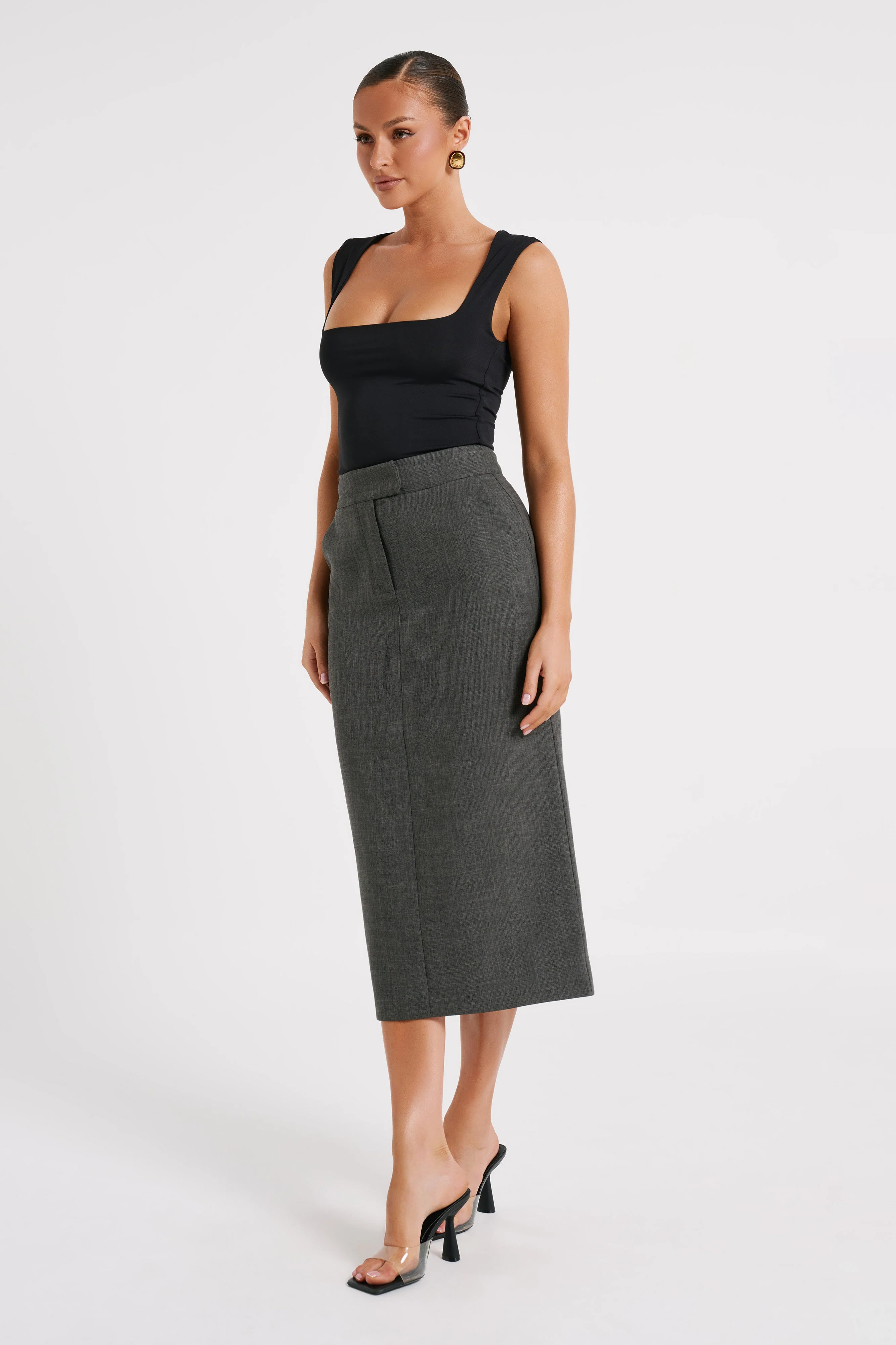 Marcie Textured Suiting Midi Skirt - Charcoal
