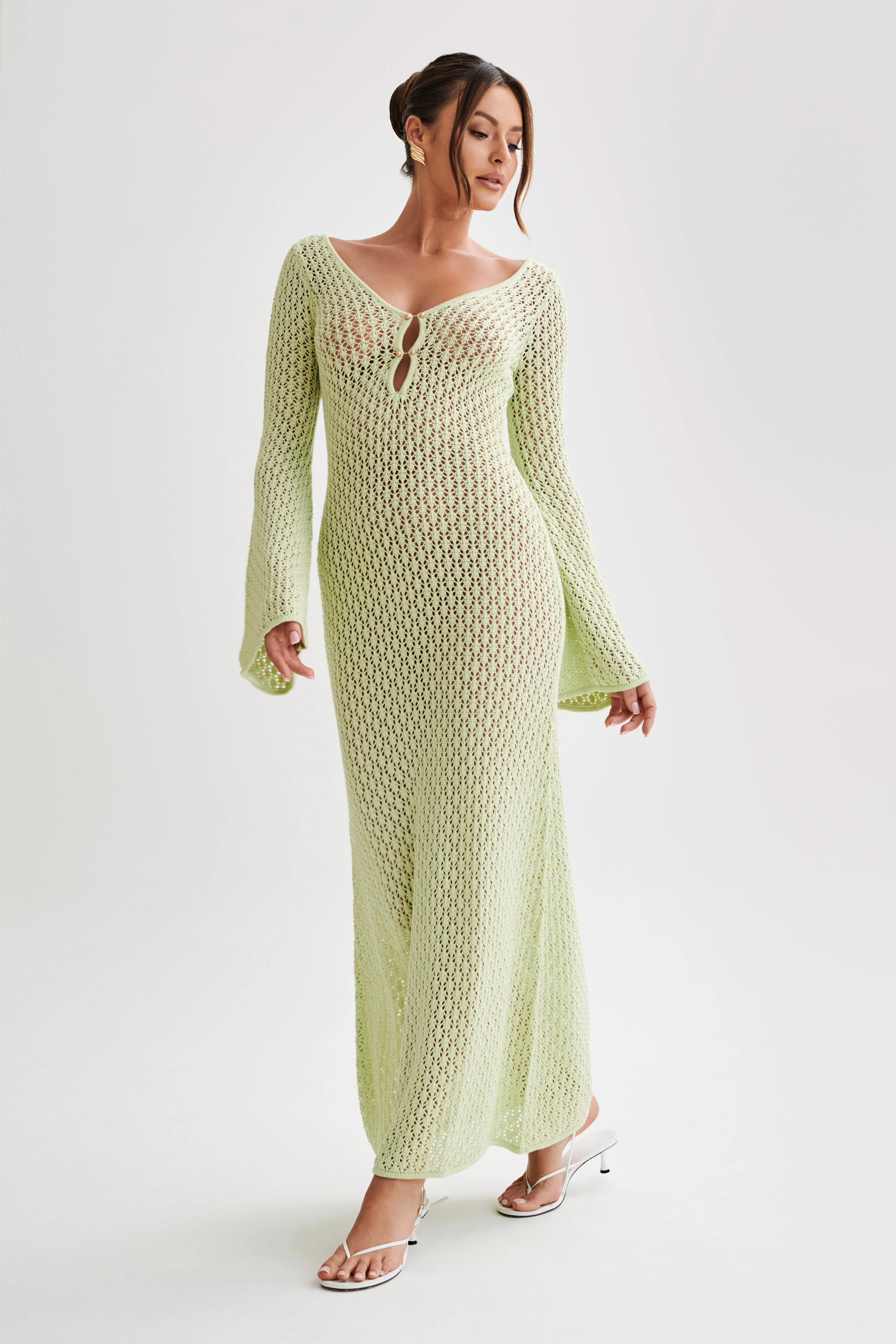 Kayleigh Crochet Fishtail Flare Sleeve Maxi Dress - Seafoam Green