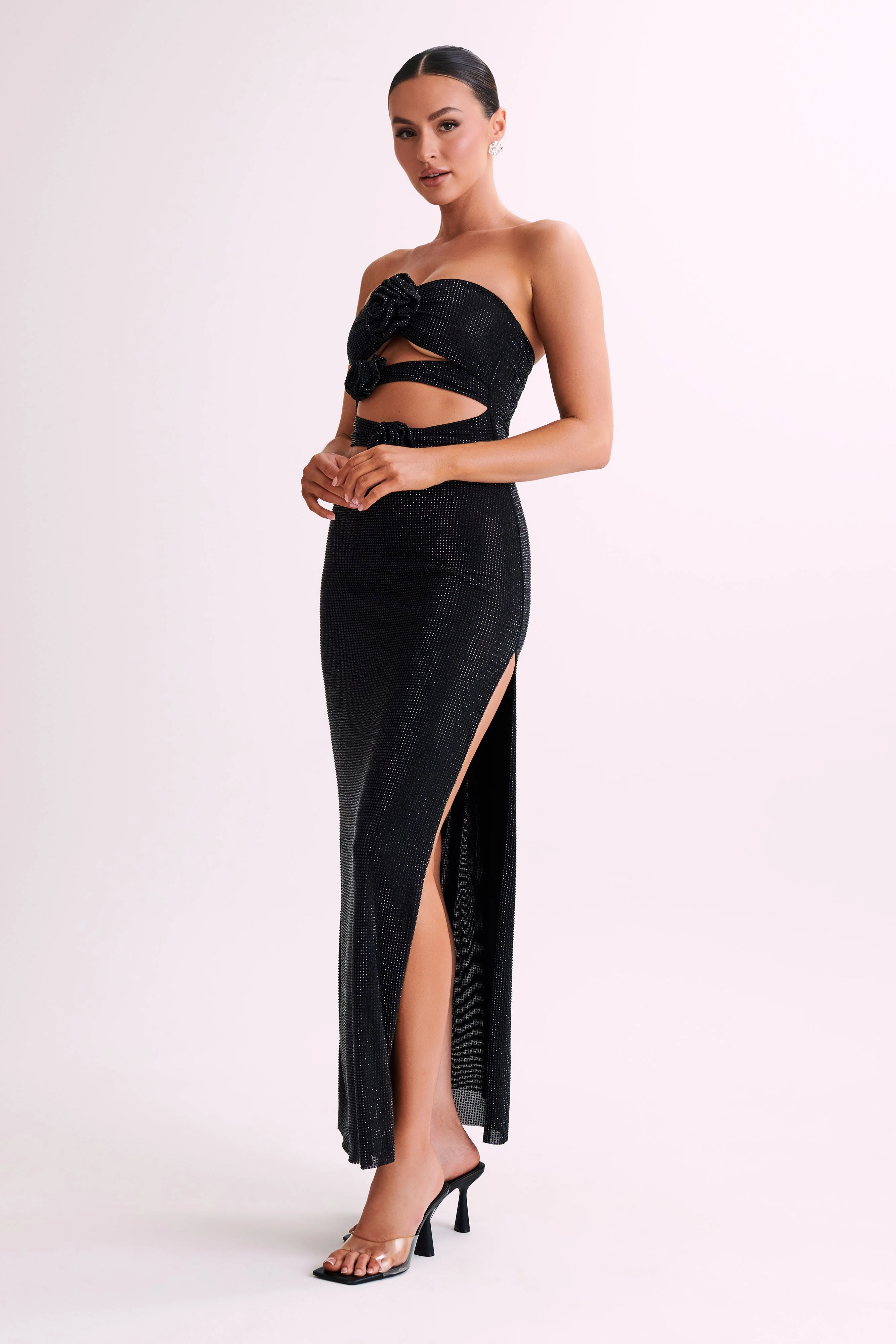 Stassie Strapless Rose Diamante Maxi Dress - Black