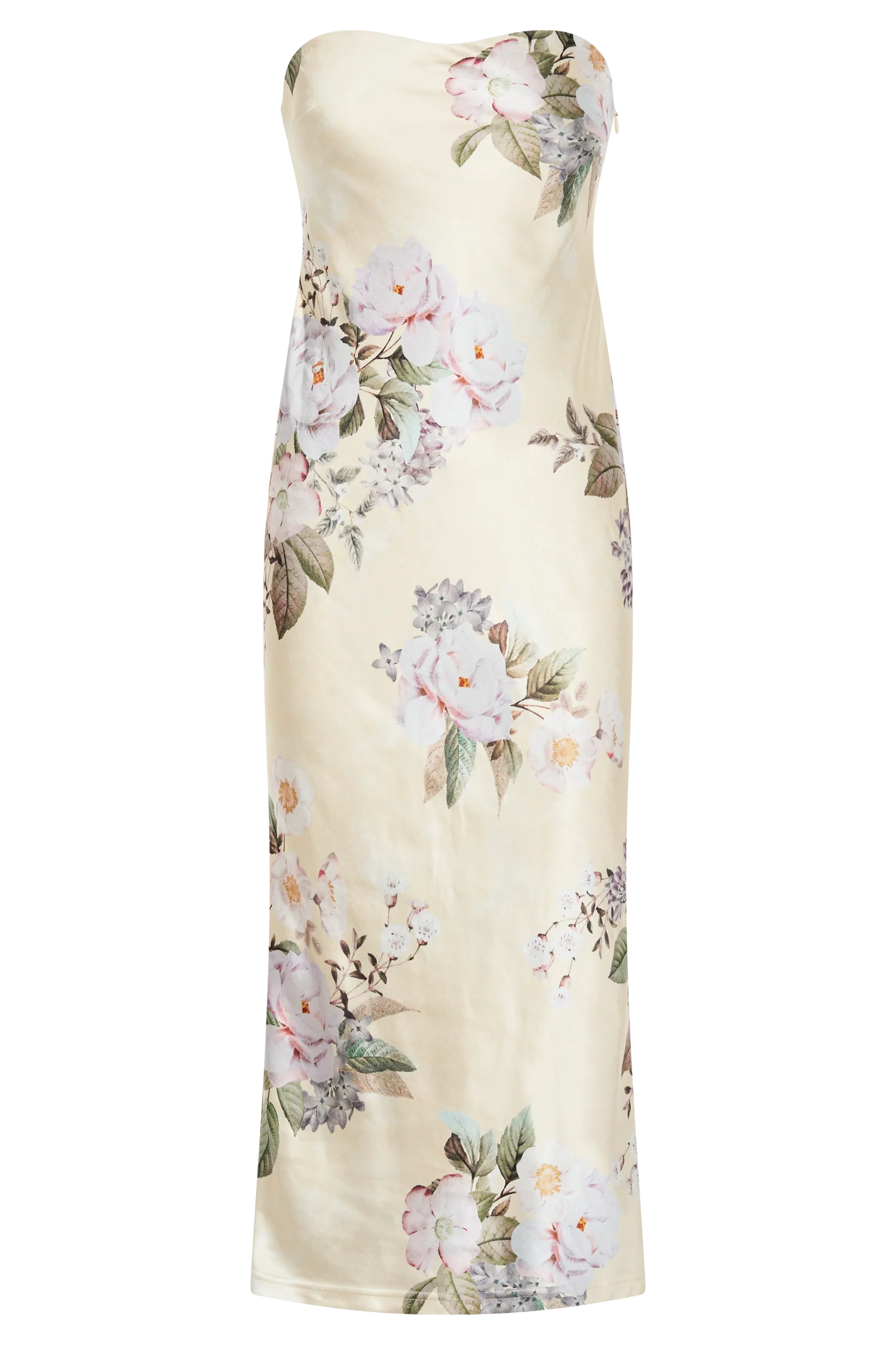 Tyler Strapless Satin Midi Dress - Lemon Floral Print