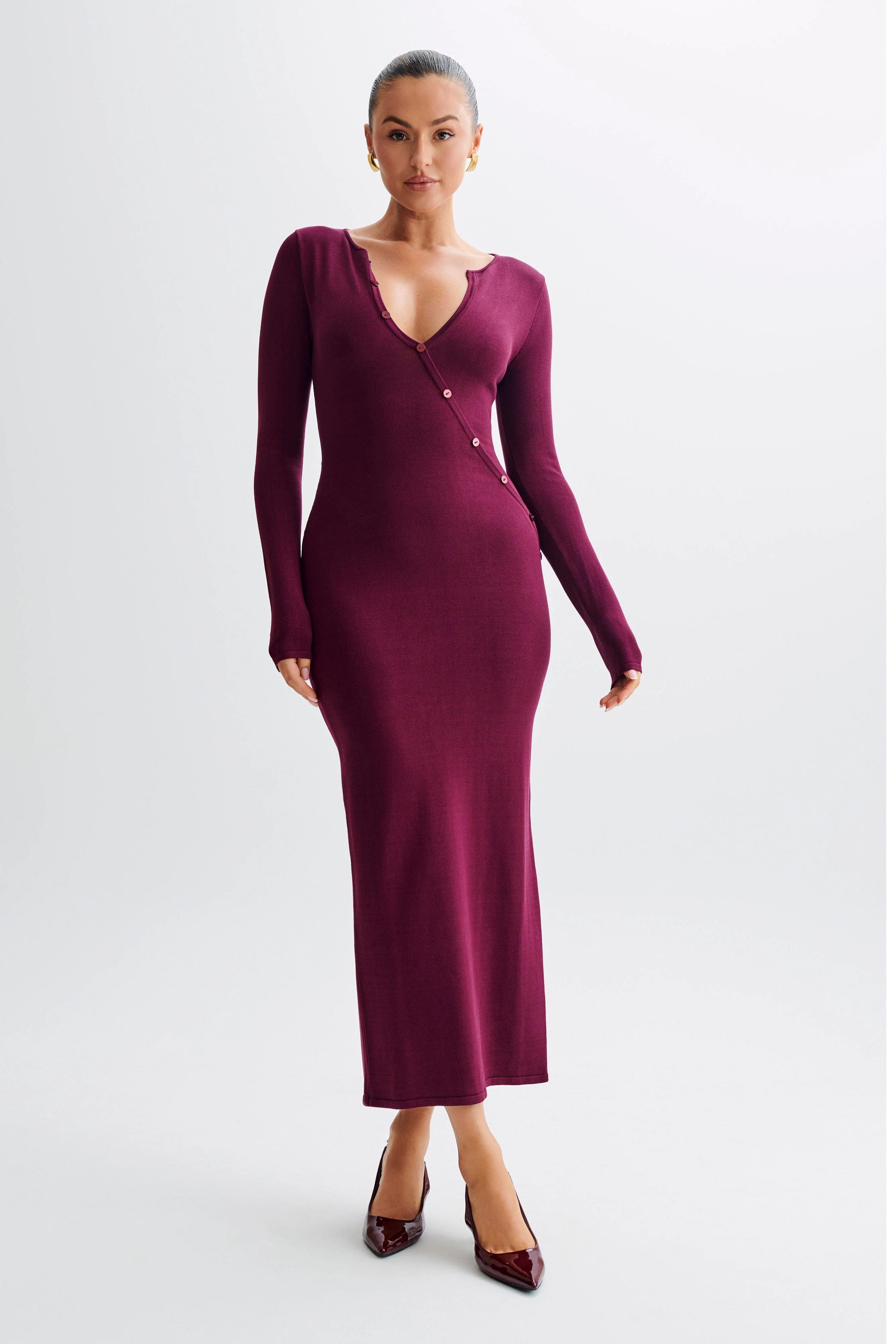 Maria Long Sleeve Buttoned Knit Maxi Dress - Plum
