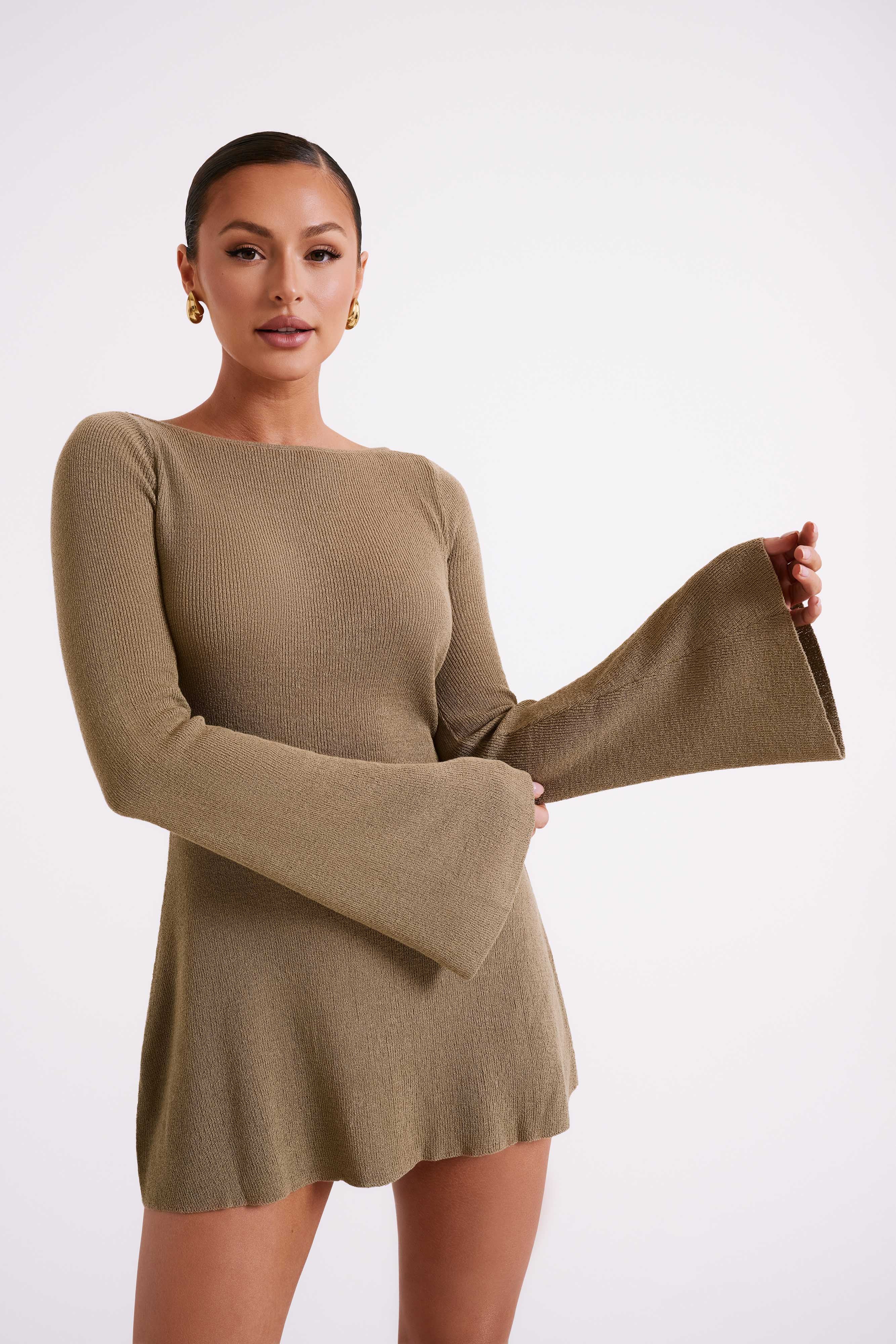 Zahra Long Sleeve Open Back Mini Knit Dress - Olive