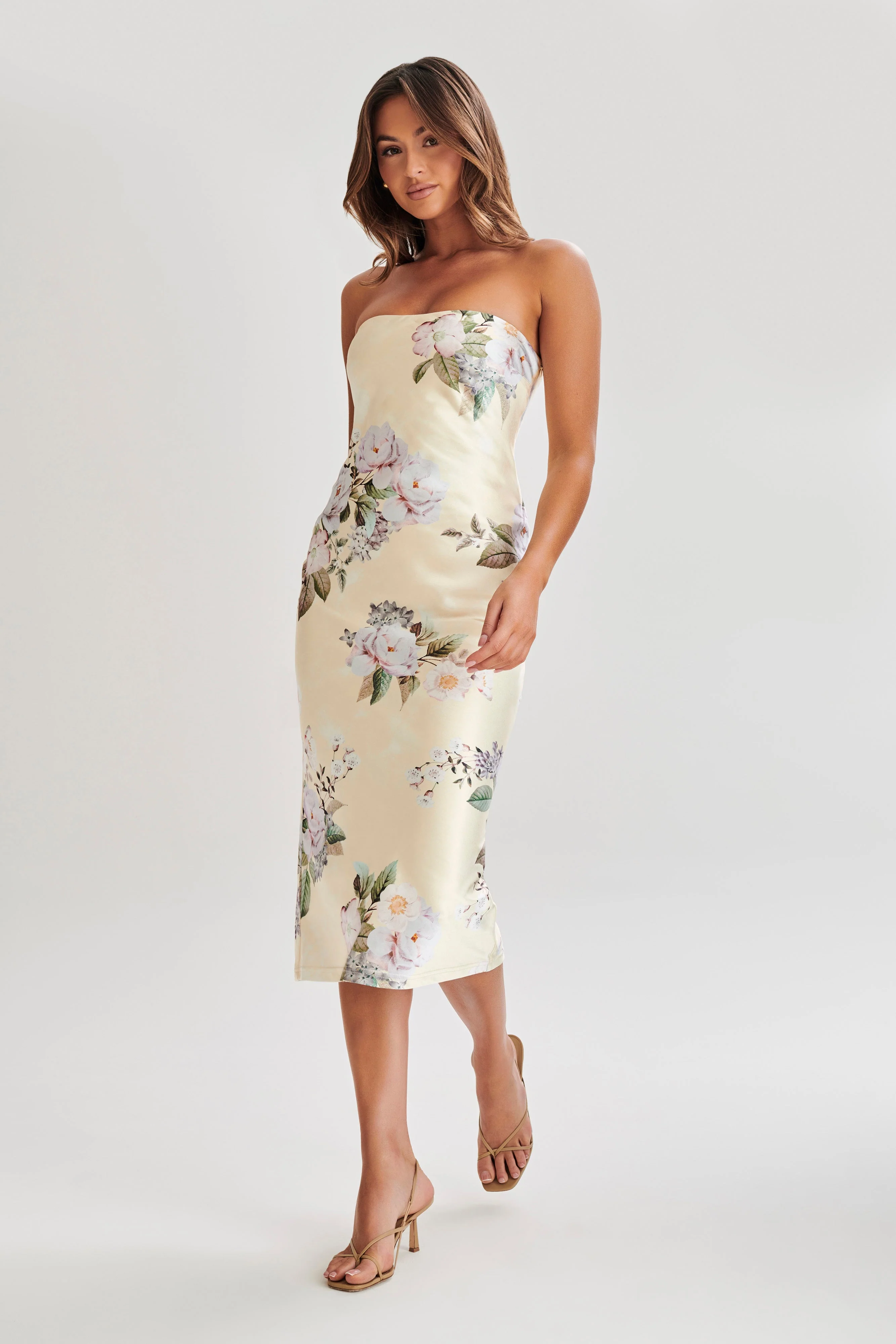 Tyler Strapless Satin Midi Dress - Lemon Floral Print
