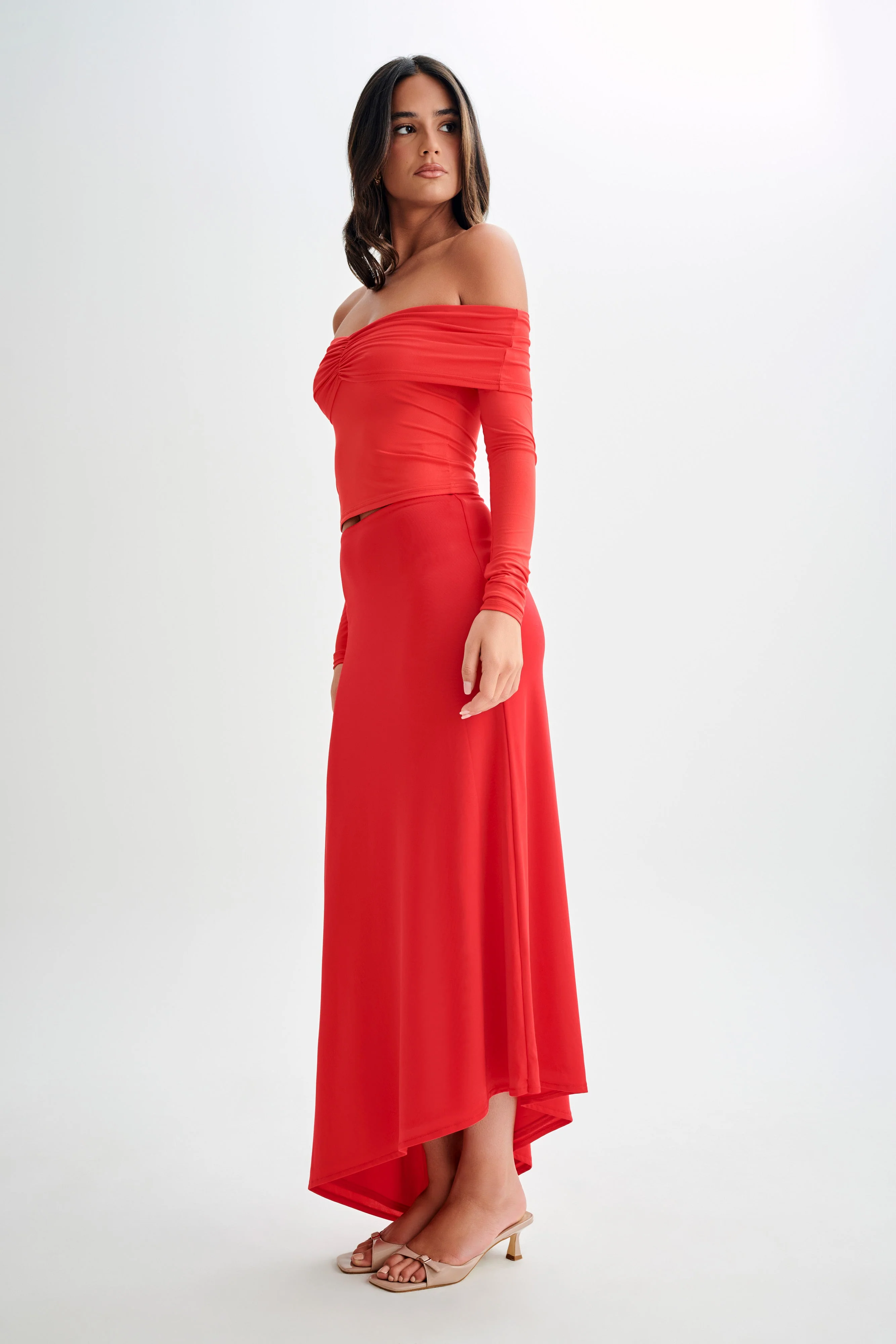 Prue Ruched Off Shoulder Long Sleeve Top - Pomegranate