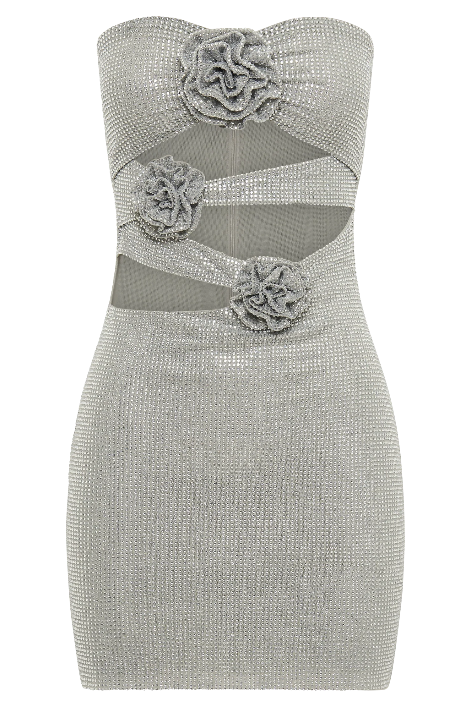 Korinna Strapless Rose Diamante Mini Dress - Silver