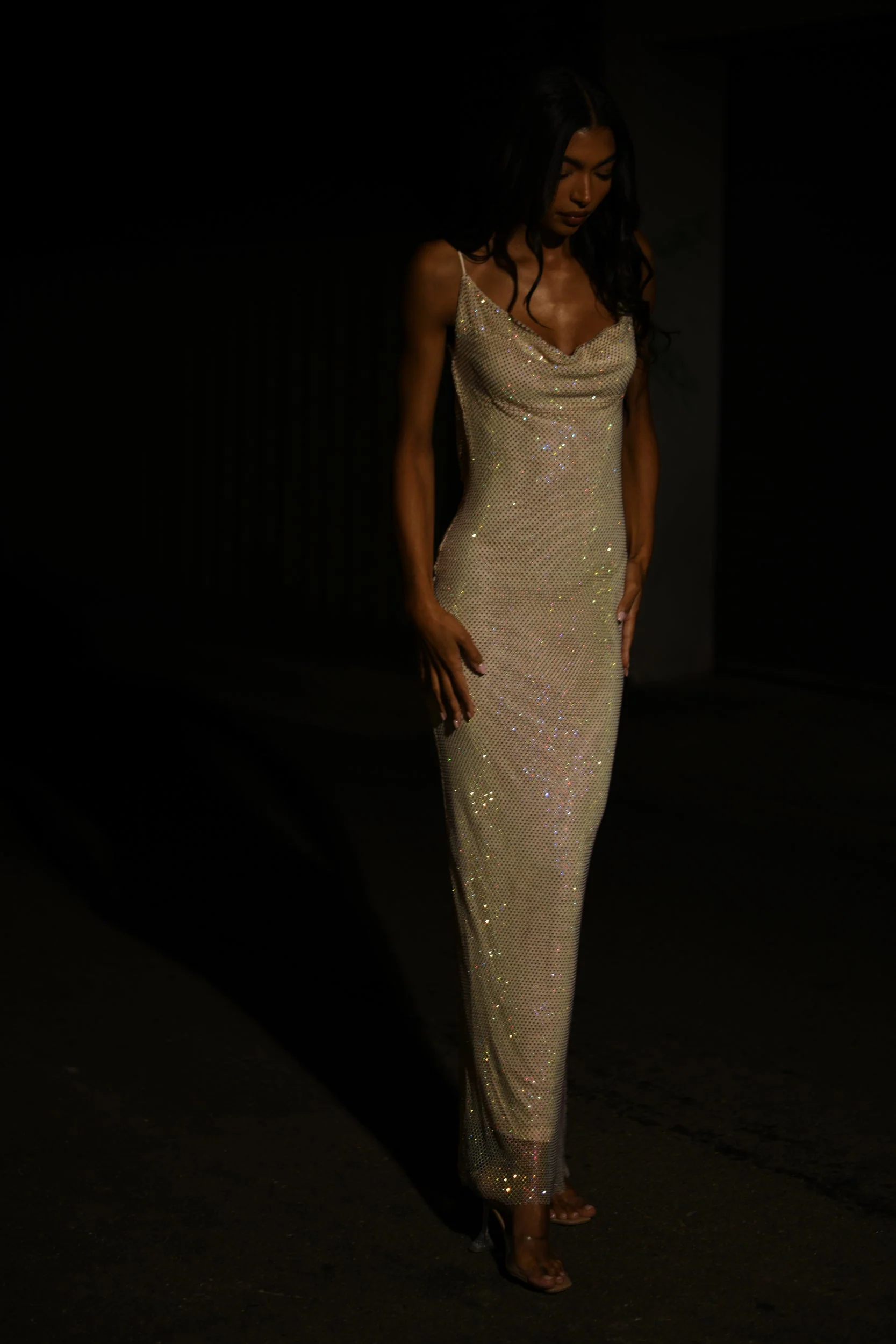 Madelaine Diamante Mesh Cowl Maxi Dress - Cream