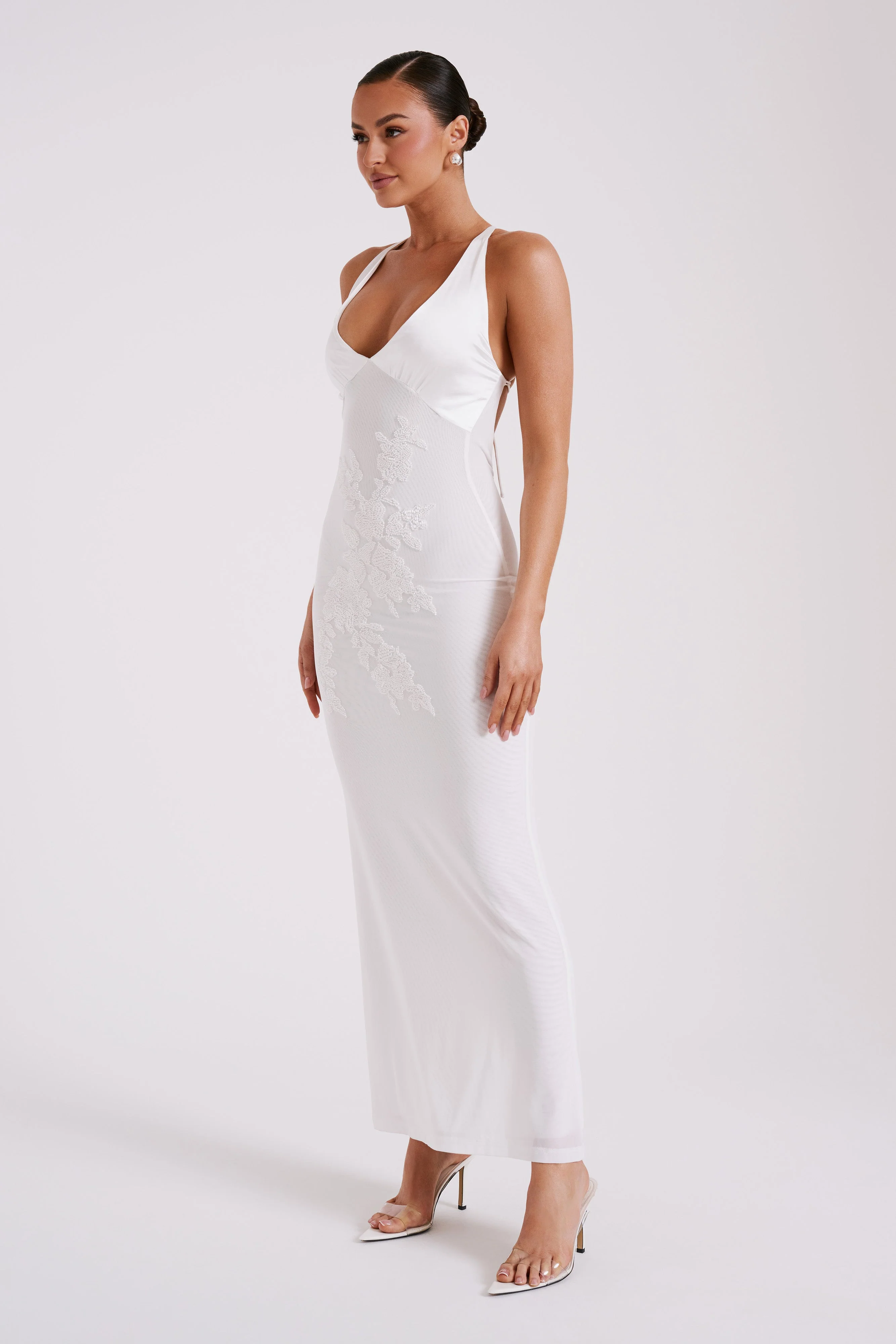 Maya Beaded Mesh Maxi Dress - White