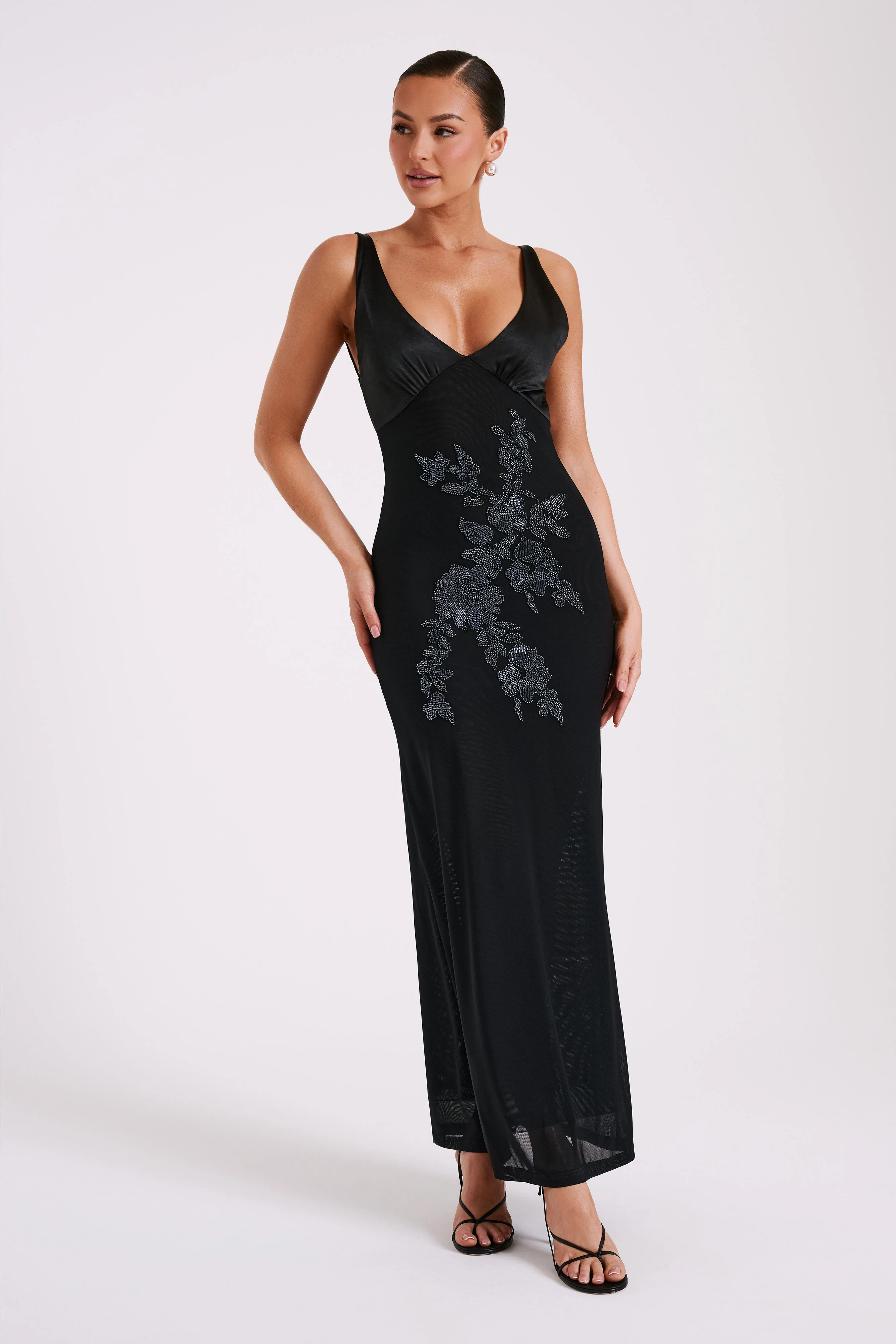 Maya Beaded Mesh Maxi Dress - Black