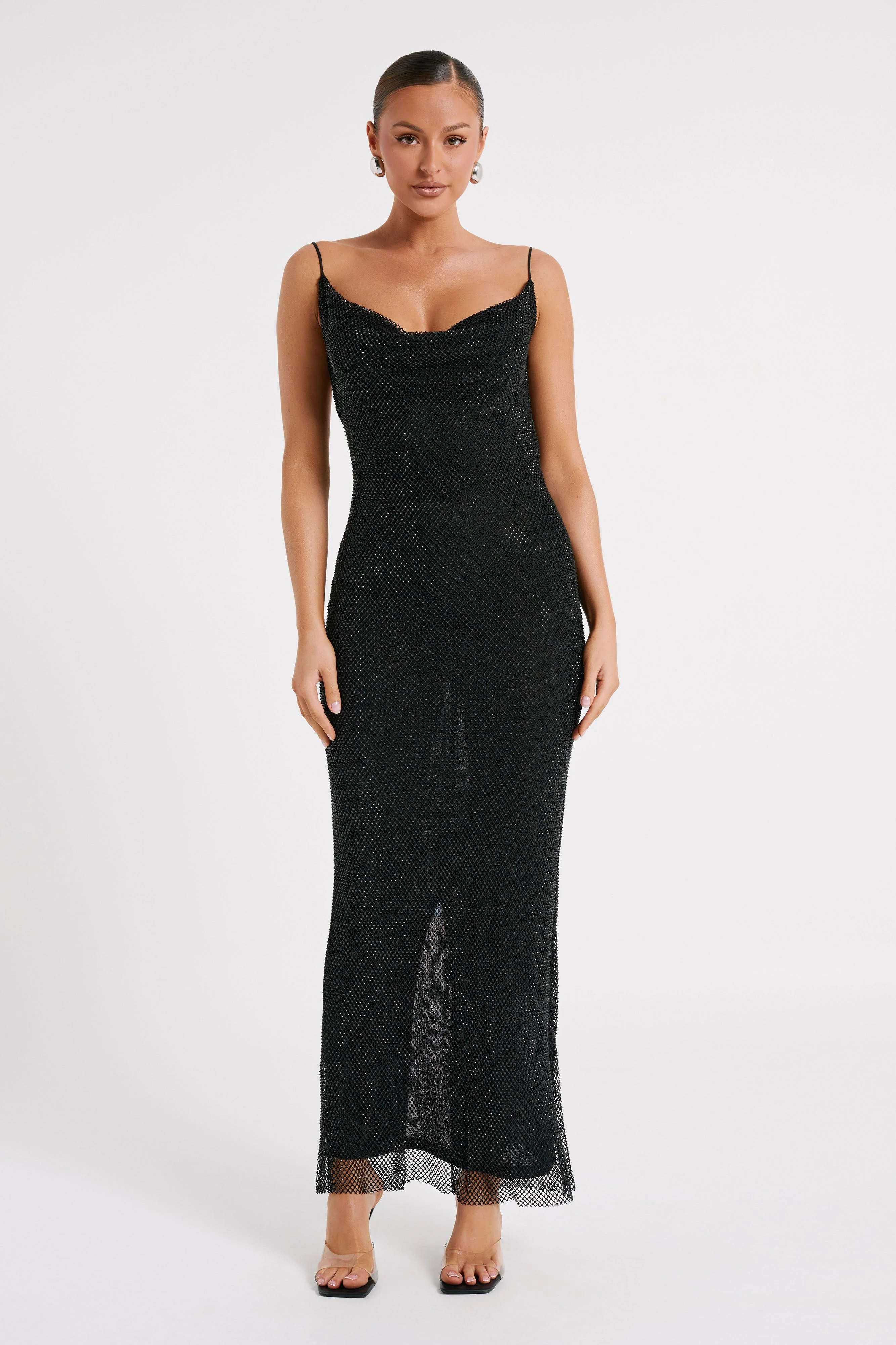Madelaine Diamante Mesh Cowl Maxi Dress - Black