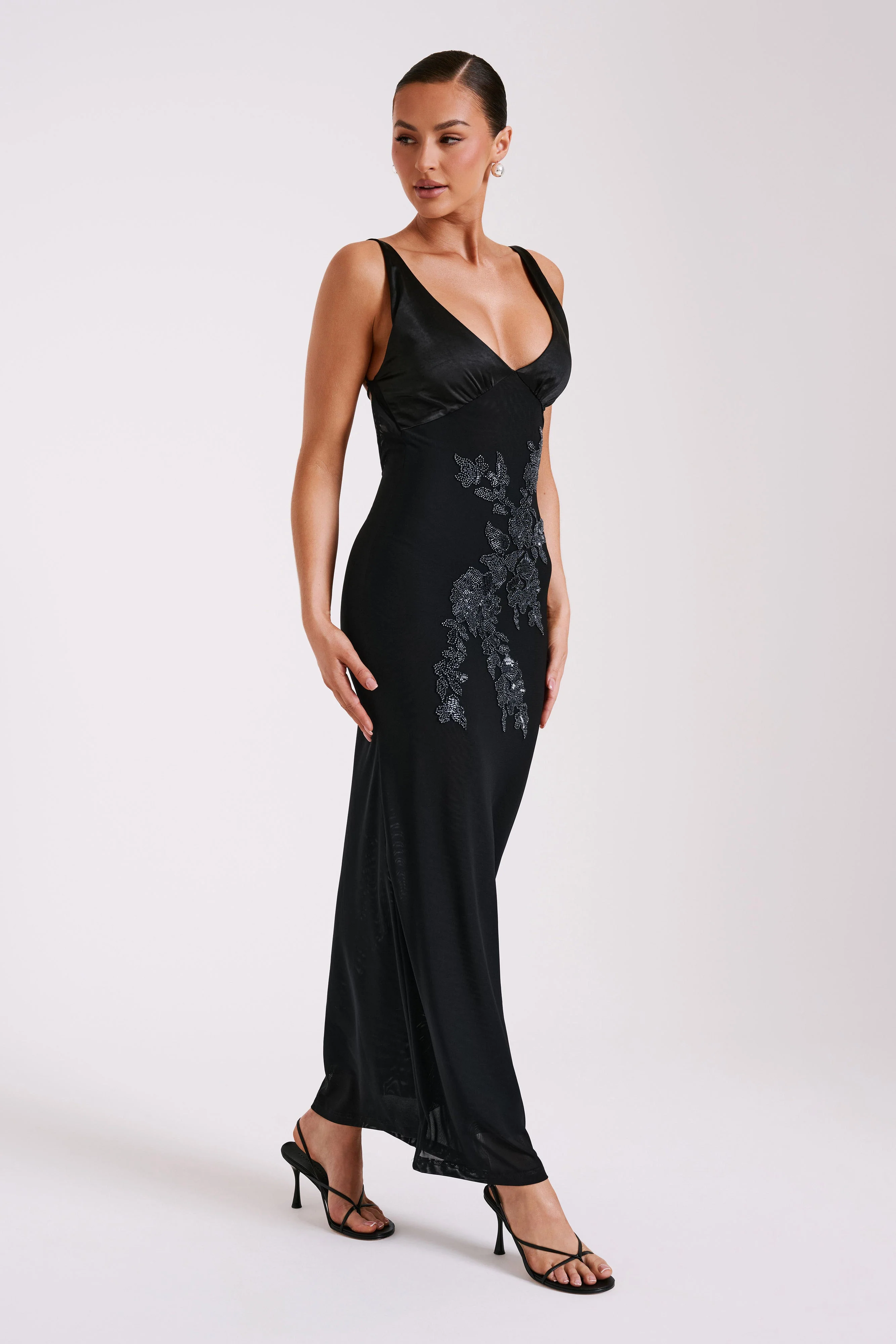 Maya Beaded Mesh Maxi Dress - Black