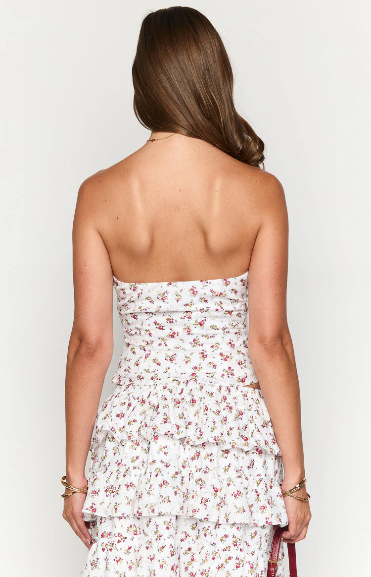 Paisley White Floral Strapless Top