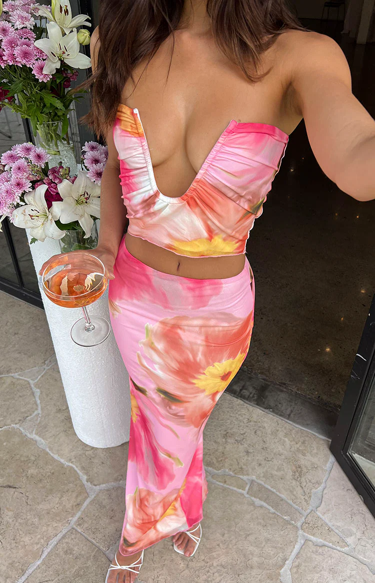 Esha Pink Floral Strapless Crop Top