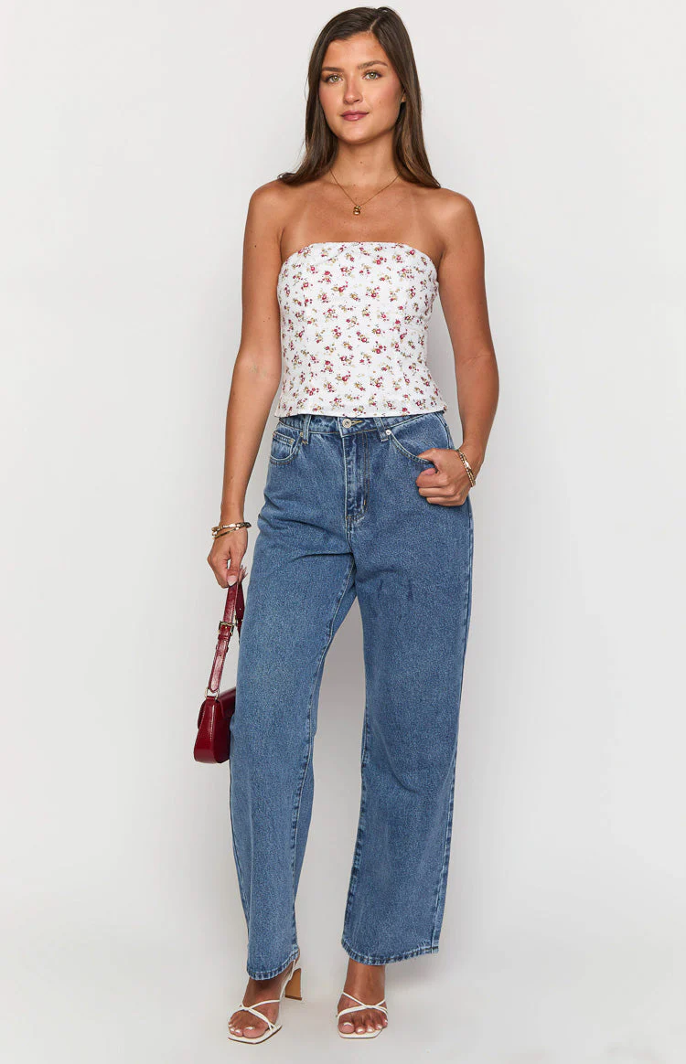 Paisley White Floral Strapless Top